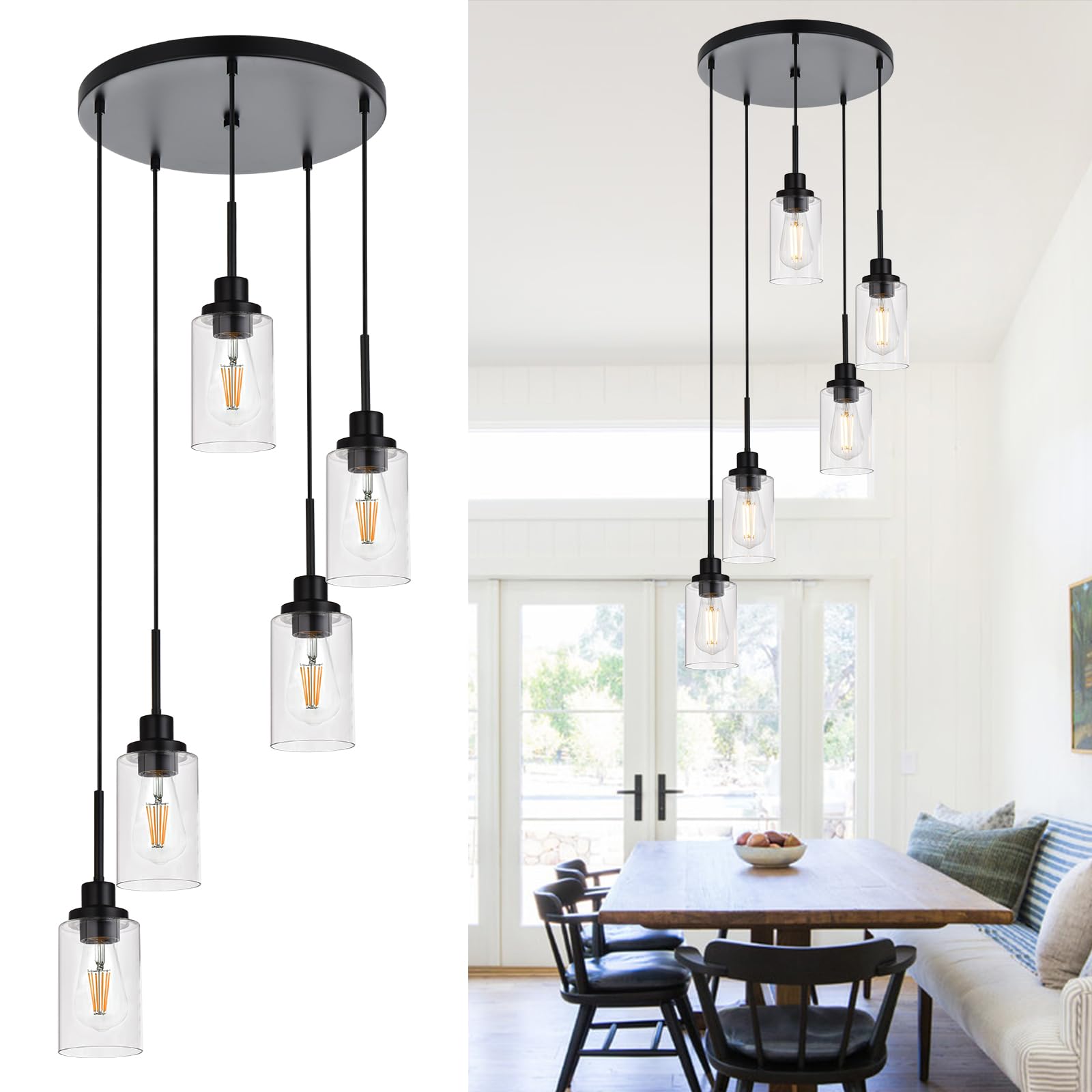 WINSHEN 5-Light Pendant Light Fixtures, Black Adjustable Height Hanging Lighting Dining Room Chandelier with Clear Glass Shade, 