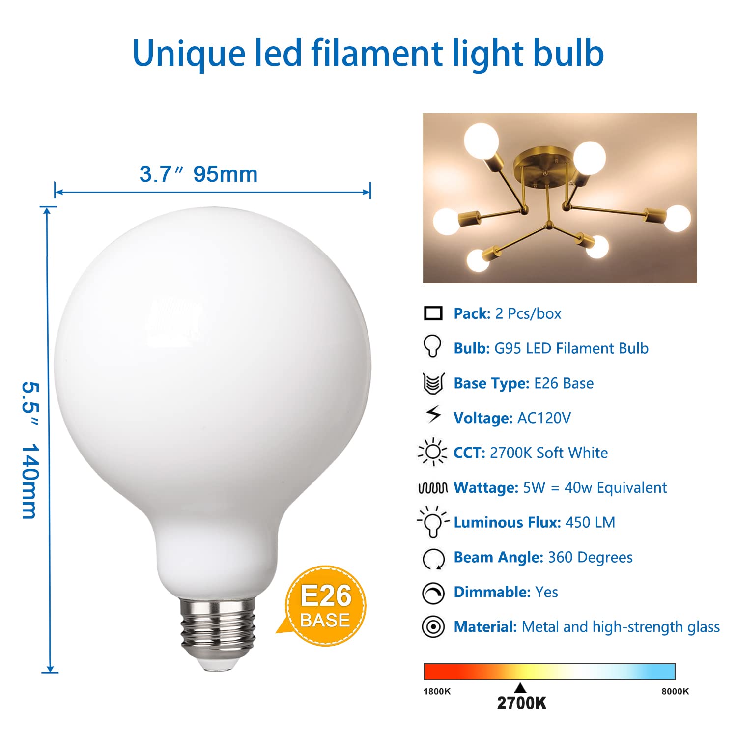 Myemitting 2 Pack G30/G95 Globe Led Bulb, Warm White 2700K Dimmable Led Globe Bulb, 5W Equivalent 40W Led Globe Light Bulbs, Cri