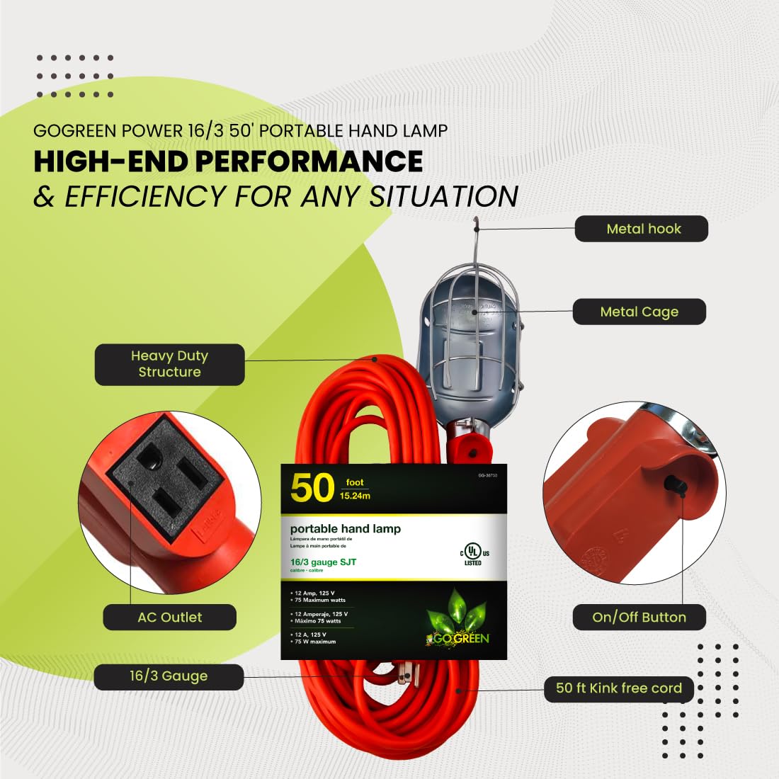 Go Green Power Inc. 50Ft Portable Hand Lamp With 16/3 Kink-Free Cord (Bulb Not Included)- Durable Construction, Swivel Hook, And