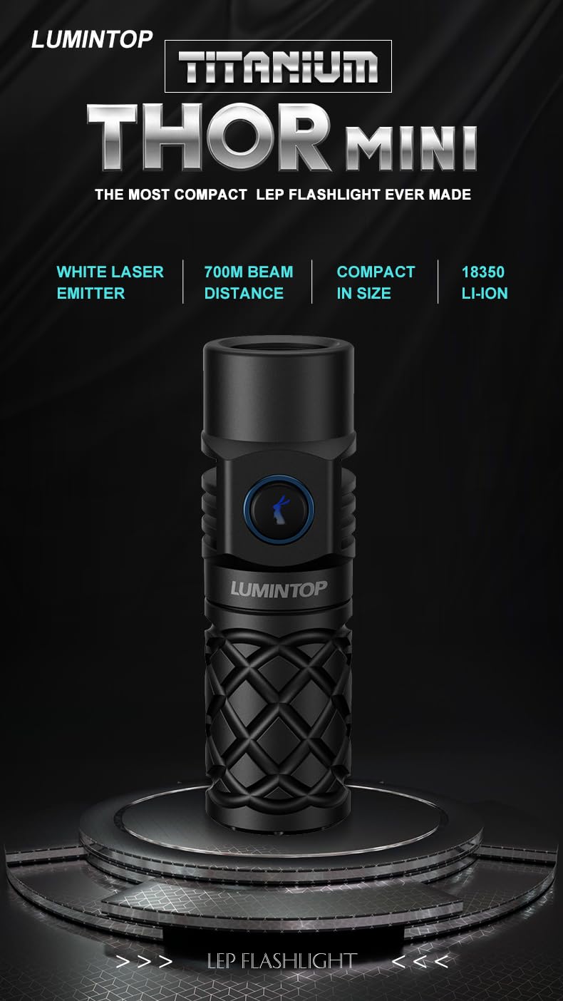 LUMINTOP Thor Mini Rechargeable LEP Flashlight - 250 Lumens, 700m Range, Waterproof, Black, Model MINI