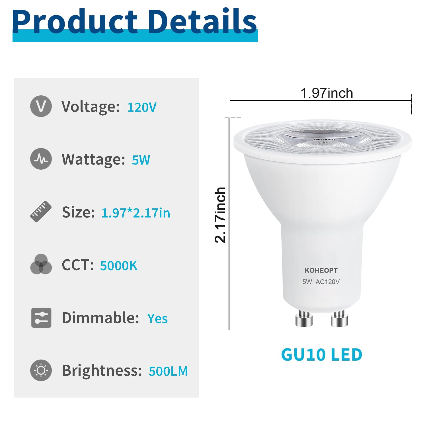 Koheopt 5W Gu10 Led Light Bulb  Dimmable 5000K Daylight Gu10 Bulb 500Lm Replacement For Track Lighting  50W Equivalent Halogen Bulbs  Led Bulbs For Living Room  Kitchen Range Hood  Bathroom 6-Pack