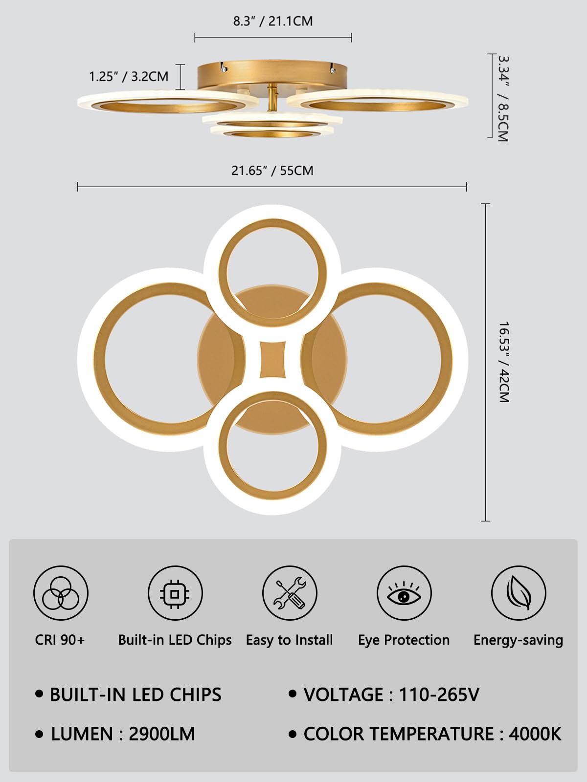 Teminbu Modern Led Ceiling Light, Gold 4 Rings Flush Mount Ceiling Light, 4000K Lighting Fixture Ceiling Lamp For Kitchen, Bedroom, Living Room, Laundry Room