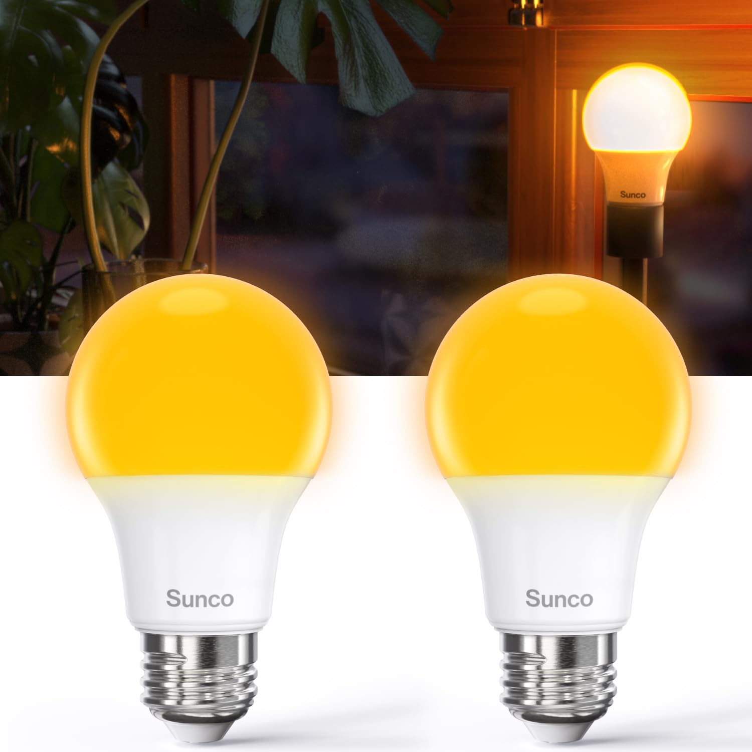 Sunco A19 LED Amber Light Bulb, E26 LED Bulb 60 Watt, Lights for Bedroom, Lamps, Living Room, 9W=60W, 1800K Amber Glow, Dimmable