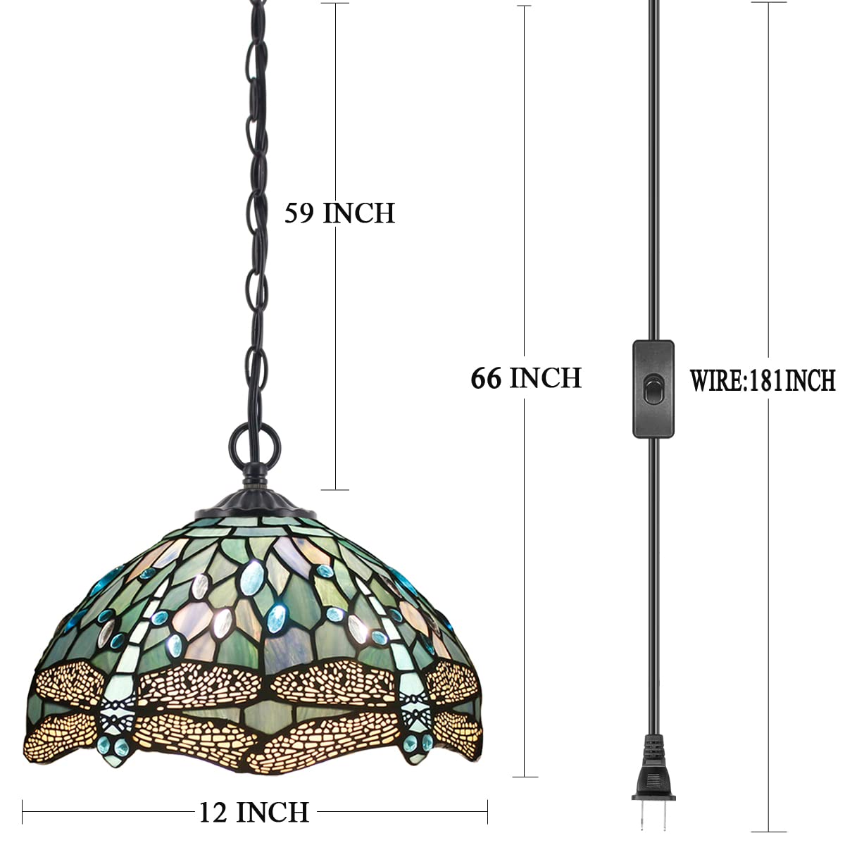WERFACTORY Tiffany Pendant Lamp Plug In, Sea Blue Stained Glass, 12 Inch Dragonfly, Medium Size, S147 Series