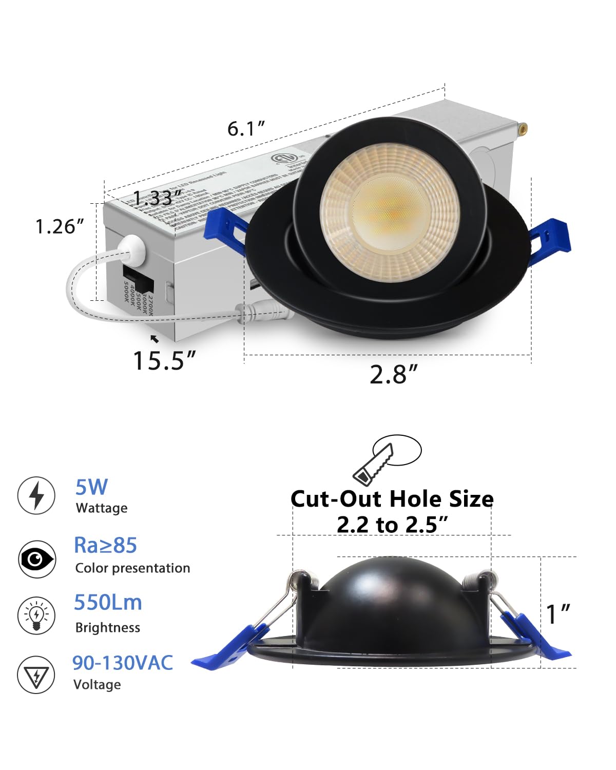 Adetu 2 Inch 5Cct Gimbal Black Led Recessed Lighting With Junction Box  360?90?Adjustable Led Recessed Lights  2700K/3000K/3500K/4000K/5000K  5W Eqv 50W  550Lm Brightness - Etl (Black  6 Pack)