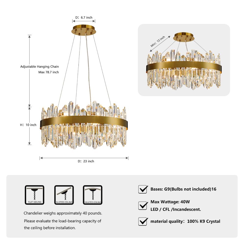 LIZZTREE Gold Modern Oval Crystal Chandelier, 16-Lights, 2-Tier K9 Crystal, 23" Round Pendant Light for Dining Room, Model LIZZ-8019-D