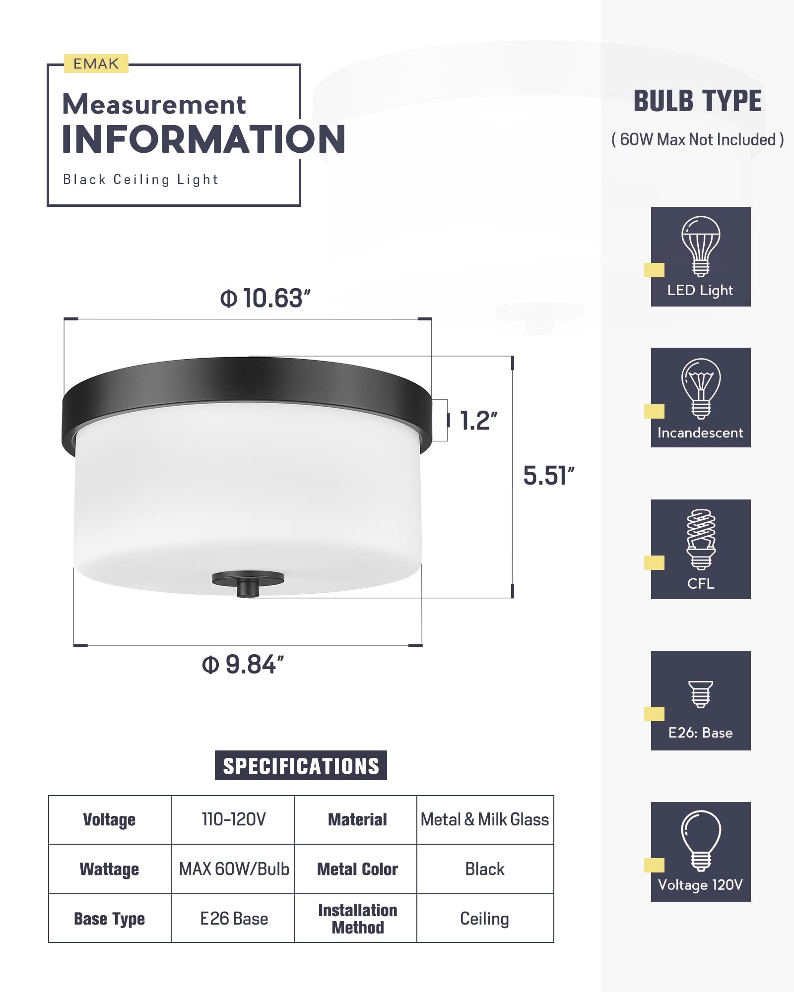 Emak Black Modern Flush Mount Ceiling Light Fixture With Milk Glass, Fm082-Bk-Ml