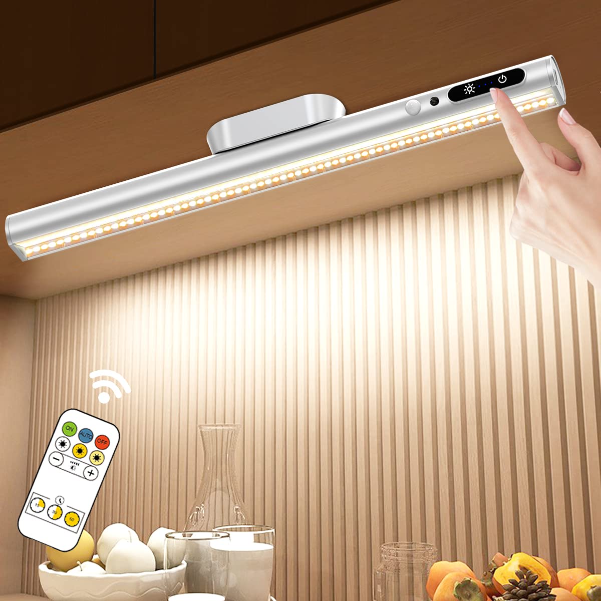 Hapfish Motion Sensor LED Light Bar, Rechargeable Magnetic Wireless Under Cabinet Lighting, Aluminum, Silver, Model YZYP350-SR04