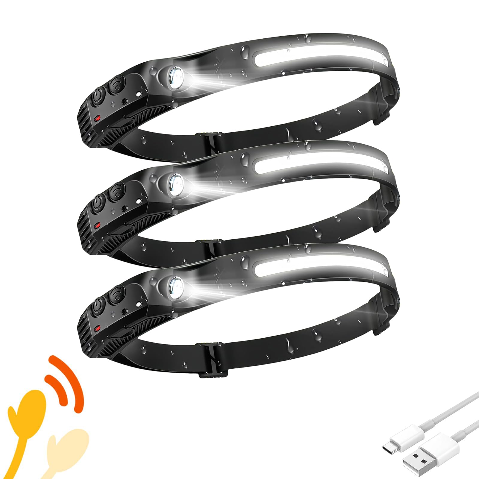 Headlamp 3 Pcs, 230 Wide Beam Head Lamp, Motion Sensor Led Headlamp Rechargeable, 5 Mode Headlight Flashlight For Camping Fishin