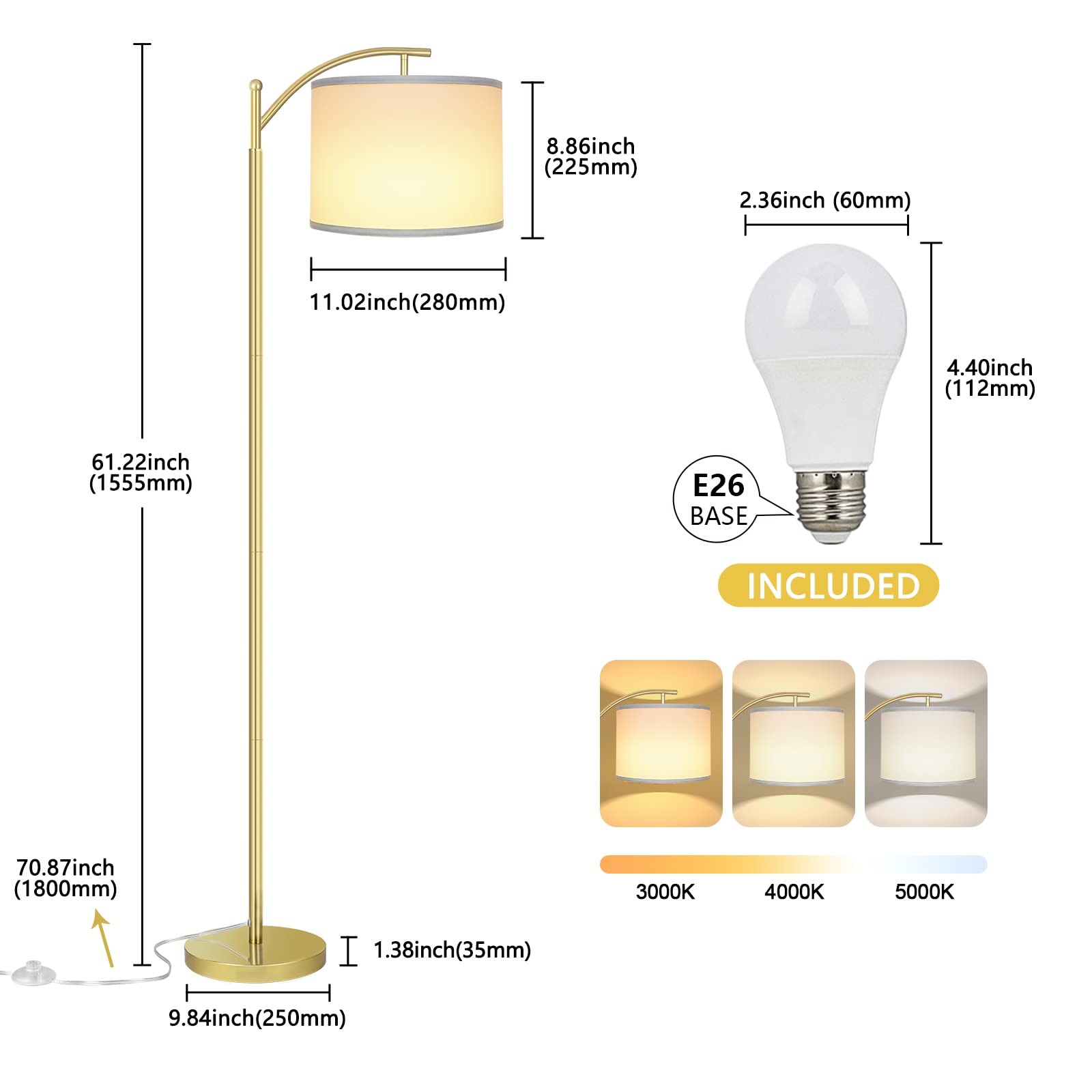 Rottogoon Gold Floor Lamp With 3Cct Led Bulb, Modern Metal Standing Lamp For Living Room & Bedrooms