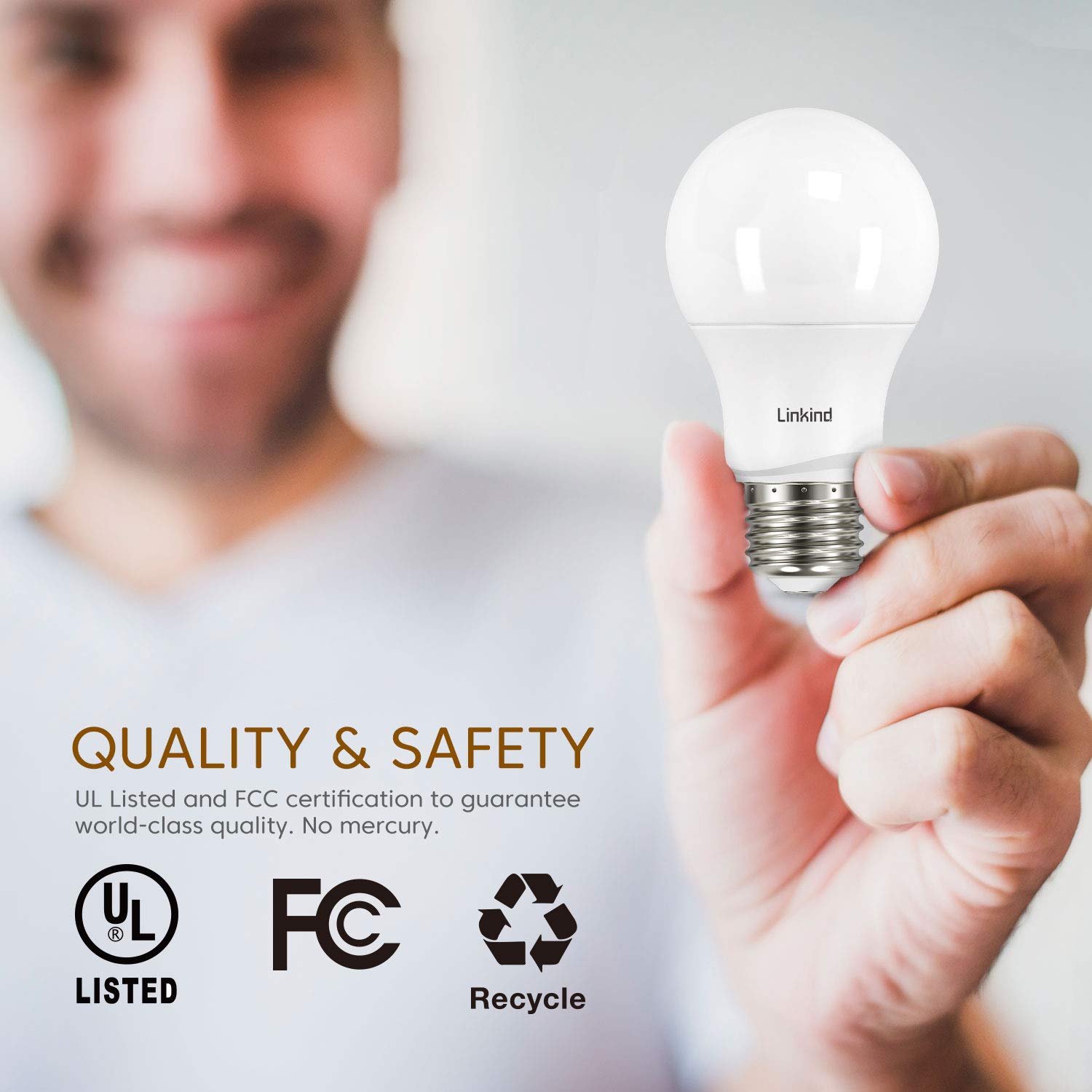 Linkind Dimmable A19 Led Light Bulbs, 60W Equivalent, E26 Base, 5000K Daylight, 9.5W 840 Lumens 120V, Ul Listed Fcc Certified, P