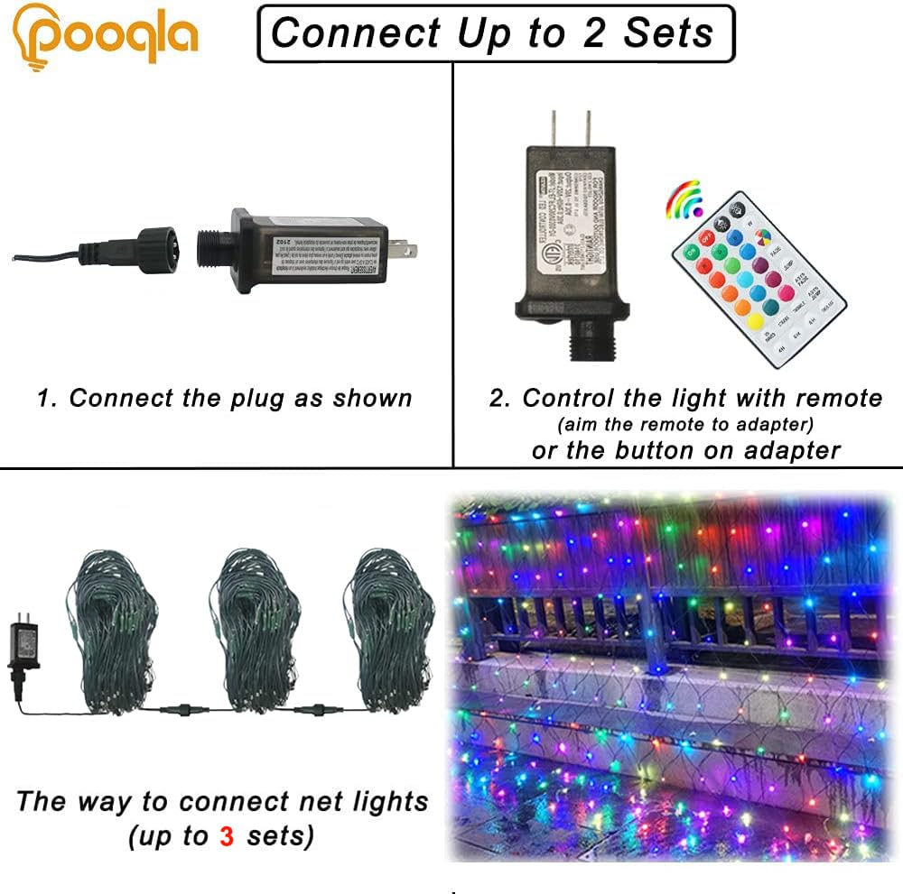 Pooqla RGB Net Lights, 14.8x4.9ft Waterproof 240 LED Color Changing Outdoor Decoration, Multicolor for Christmas, Halloween, Wedding