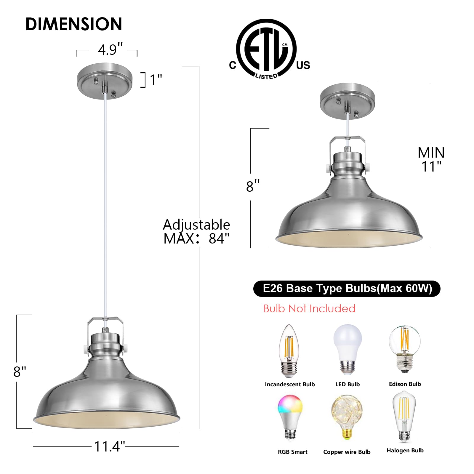 ALAISLYC Brushed Nickel Pendant Lights - Vintage Dome Fixtures, Adjustable Height, 2 Packs, for Kitchen Island & Dining Room