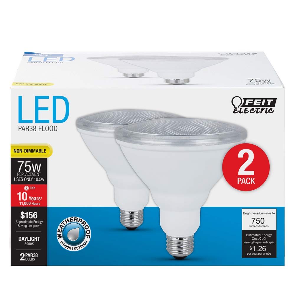 Feit Electric PAR38 LED Flood Light Bulbs, 75W Equivalent, 750 Lumens, 5000K Daylight, E26 Base, 2 Pack, Damp Rated