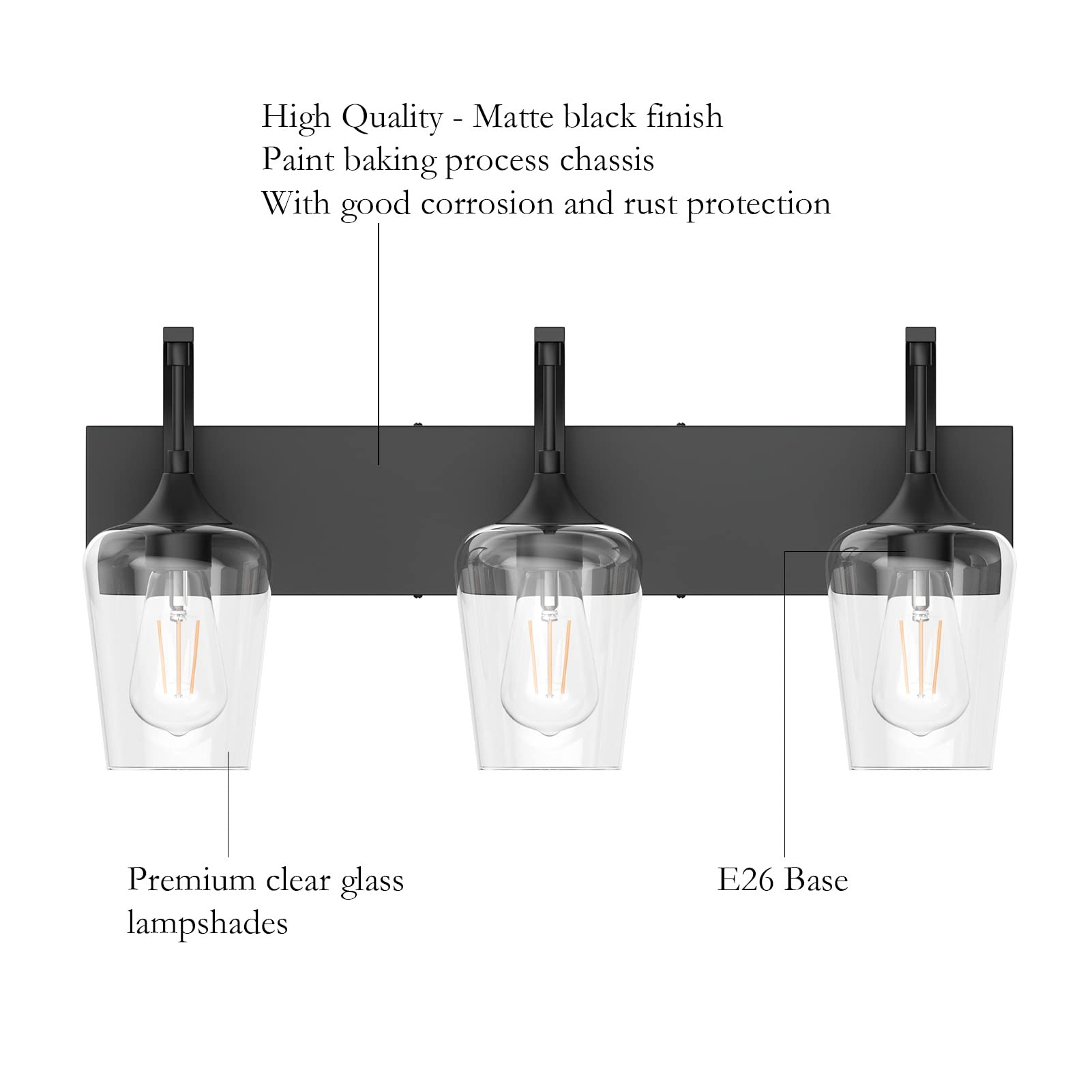 Ralbay Matte Black Vanity Light Fixtures 3-Lights Industrial Bathroom Lighting 24 Inch Clear Glass Model 1131rablay