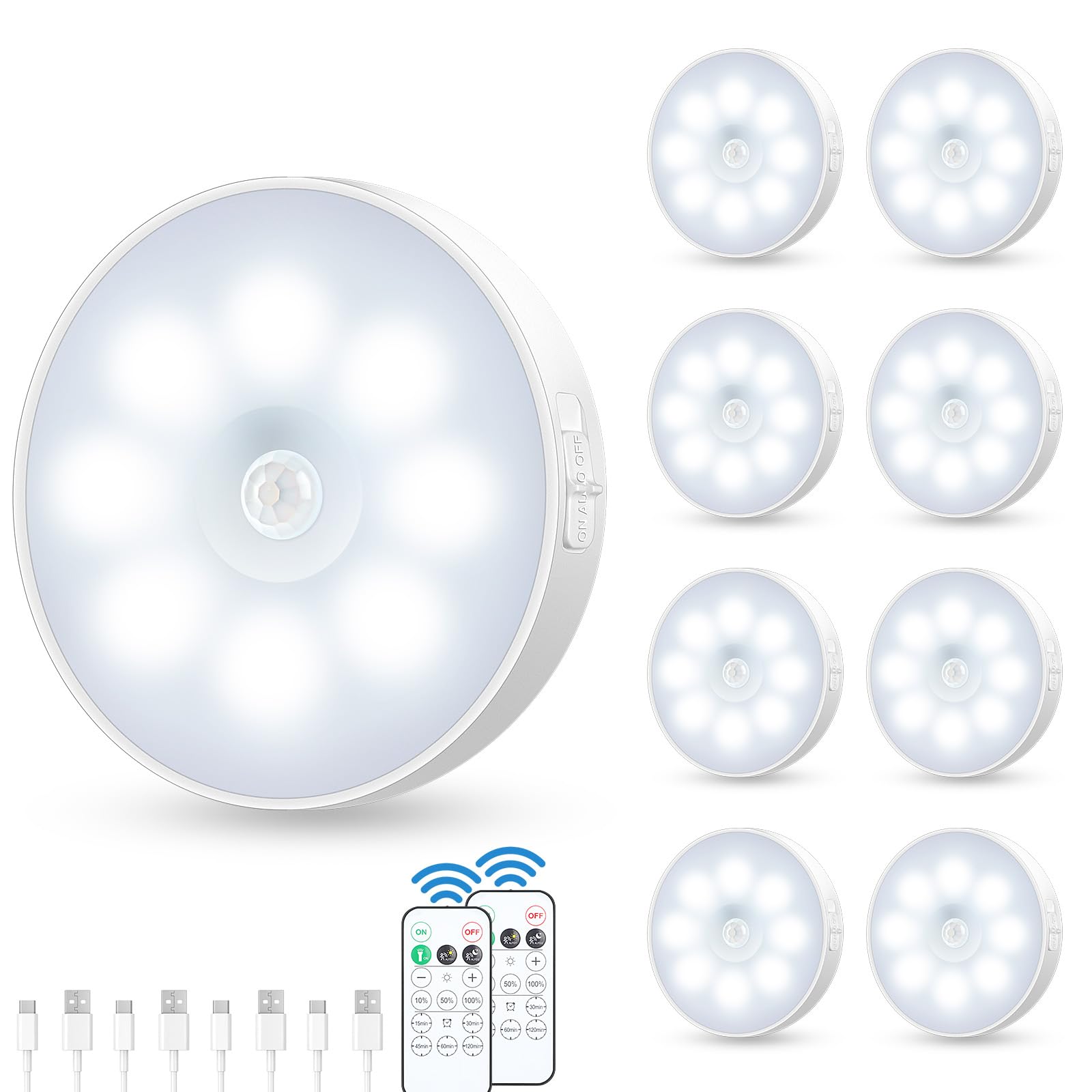 YLXS Motion Sensor Puck Light with Remote, Wireless Dimmable Under Cabinet Lighting, Rechargeable Magnetic Closet Night Light, 8