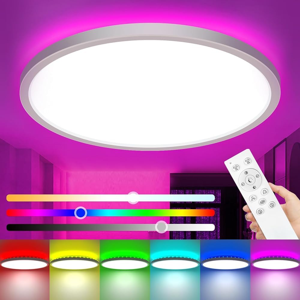 zemty 12Inch RGB Ceiling Light with Remote, 24W 2400LM 3000K-6500K Color Changeable, Dimmable LED Light Fixture Flush Mount, Rou