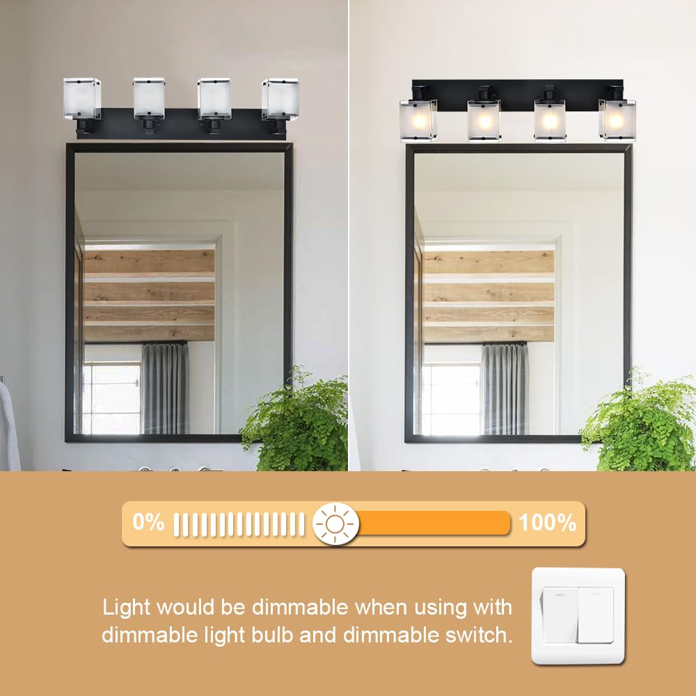 WINSHEN 4-Lights Bathroom Vanity Lighting, Black Metal Fixture with Frosted Glass Shade, Model 4WBL-XOTFZO