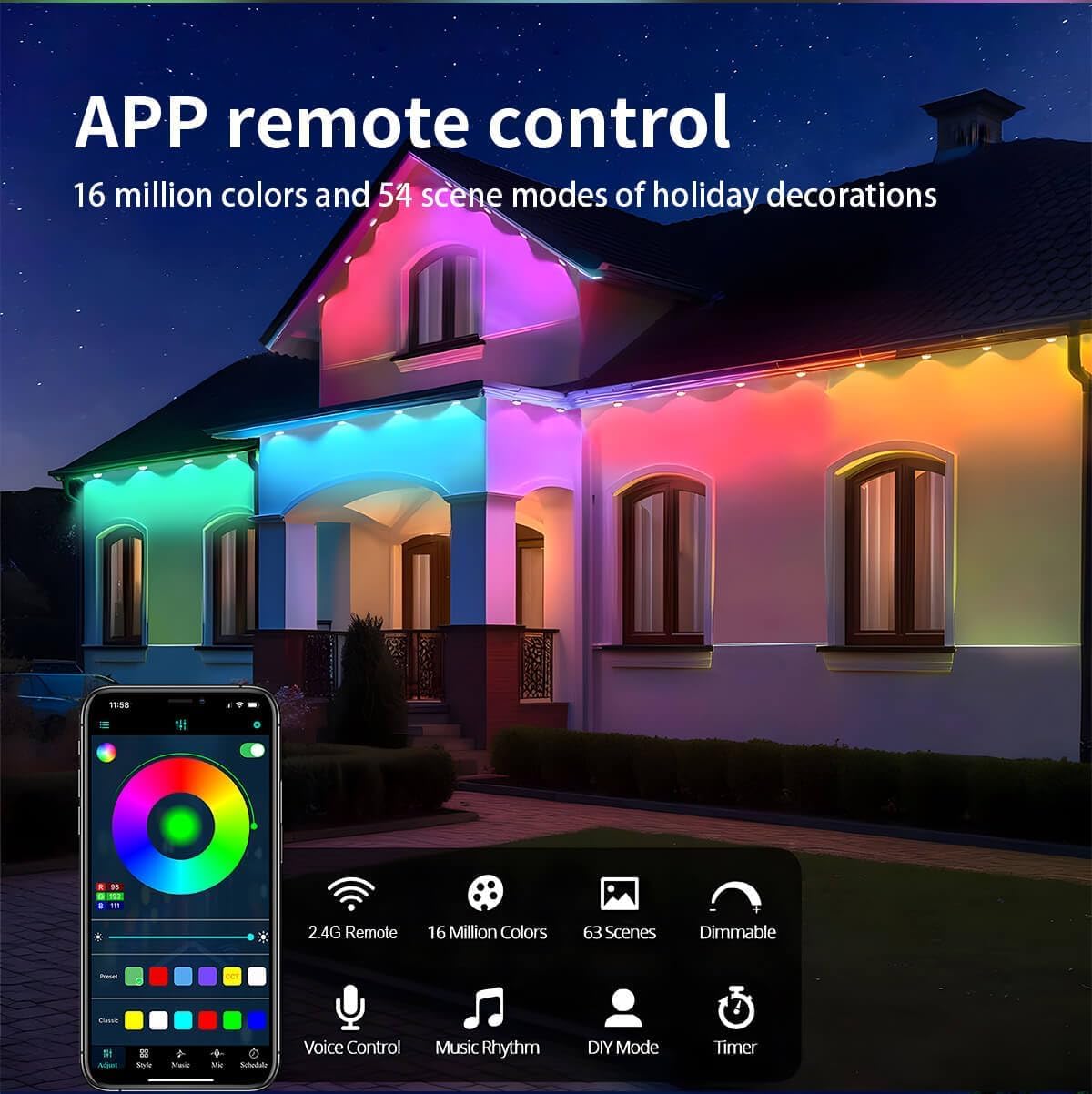 BAILONGJU 100ft Smart RGB Outdoor String Lights, 60 LEDs, IP67 Waterproof Eaves Lighting for Party, Halloween & Christmas, Multicolor