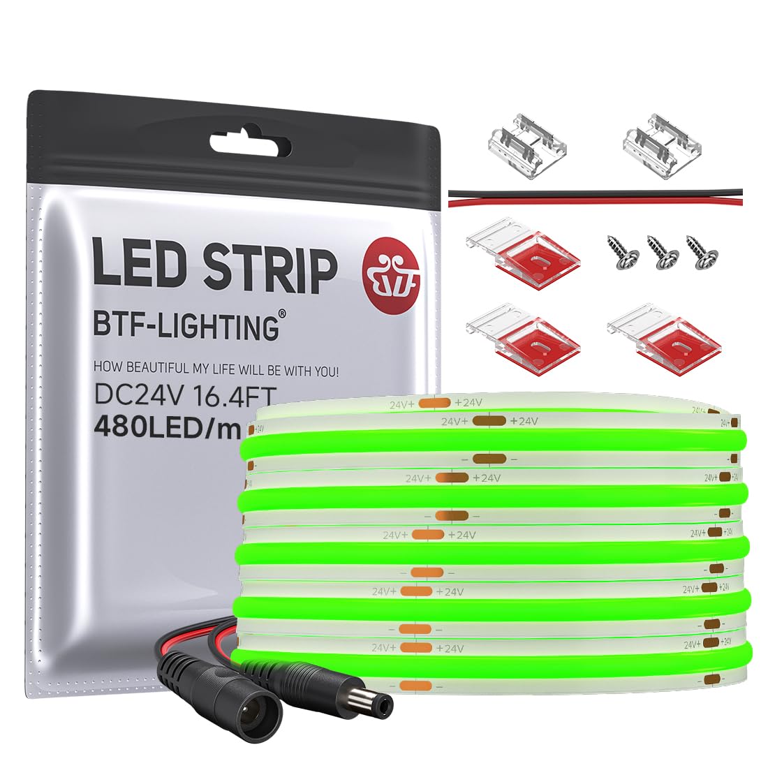 BTF-LIGHTING FCOB COB LED Strip Green Color 480LED/m 16.4FT DC24V Flexible High Density Uniform Light 8mm Width Bright Dimmable 