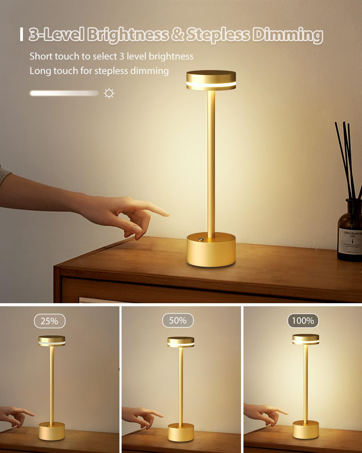 Funtaphanta Modern Rechargeable Cordless Table Lamp, Aluminum Shell Dimmable Battery Powered Lamp, 4000Mah Certified Battery, 3000K Portable Warm White Bedside Lamp, Pack Of 2 (Gold)