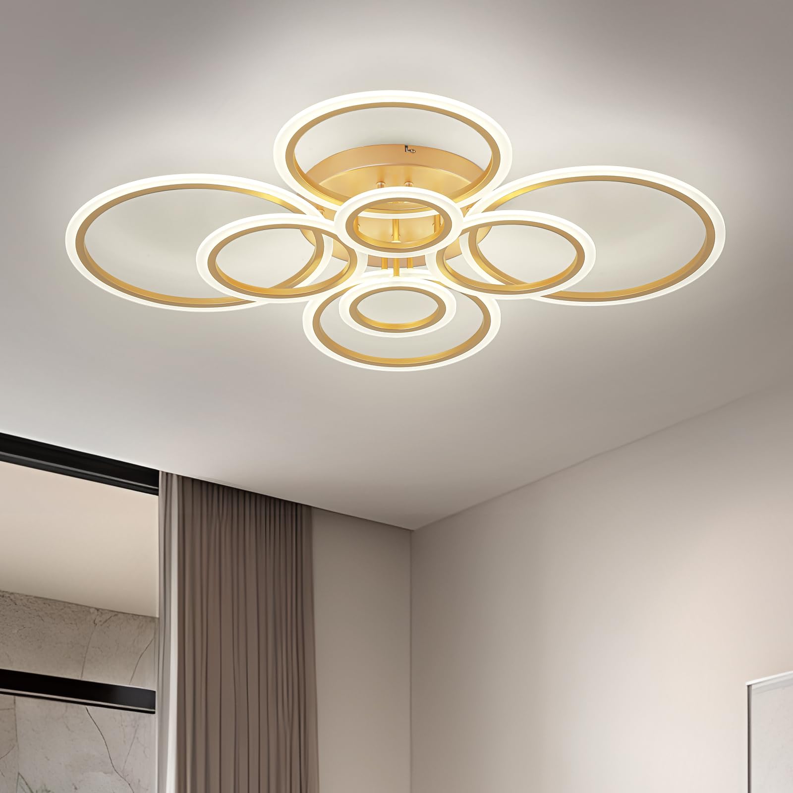 TEMINBU Modern LED Ceiling Light, Gold 8 Rings Flush Mount Ceiling Light, 4000K Lighting Fixture Ceiling Lamp for Kitchen, Bedro