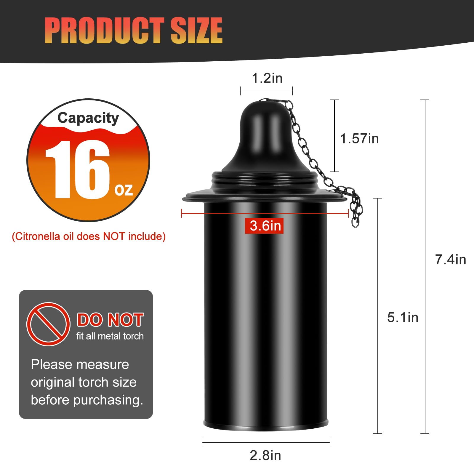 Zhulerzil Torch Replacement Canisters (16 Oz). Torch Refillable Canisters Bamboo Torch Fuel Can, Citronella Tabletop Torches Canister Outdoor For Patio Garden Decor, Black, 4 Pack