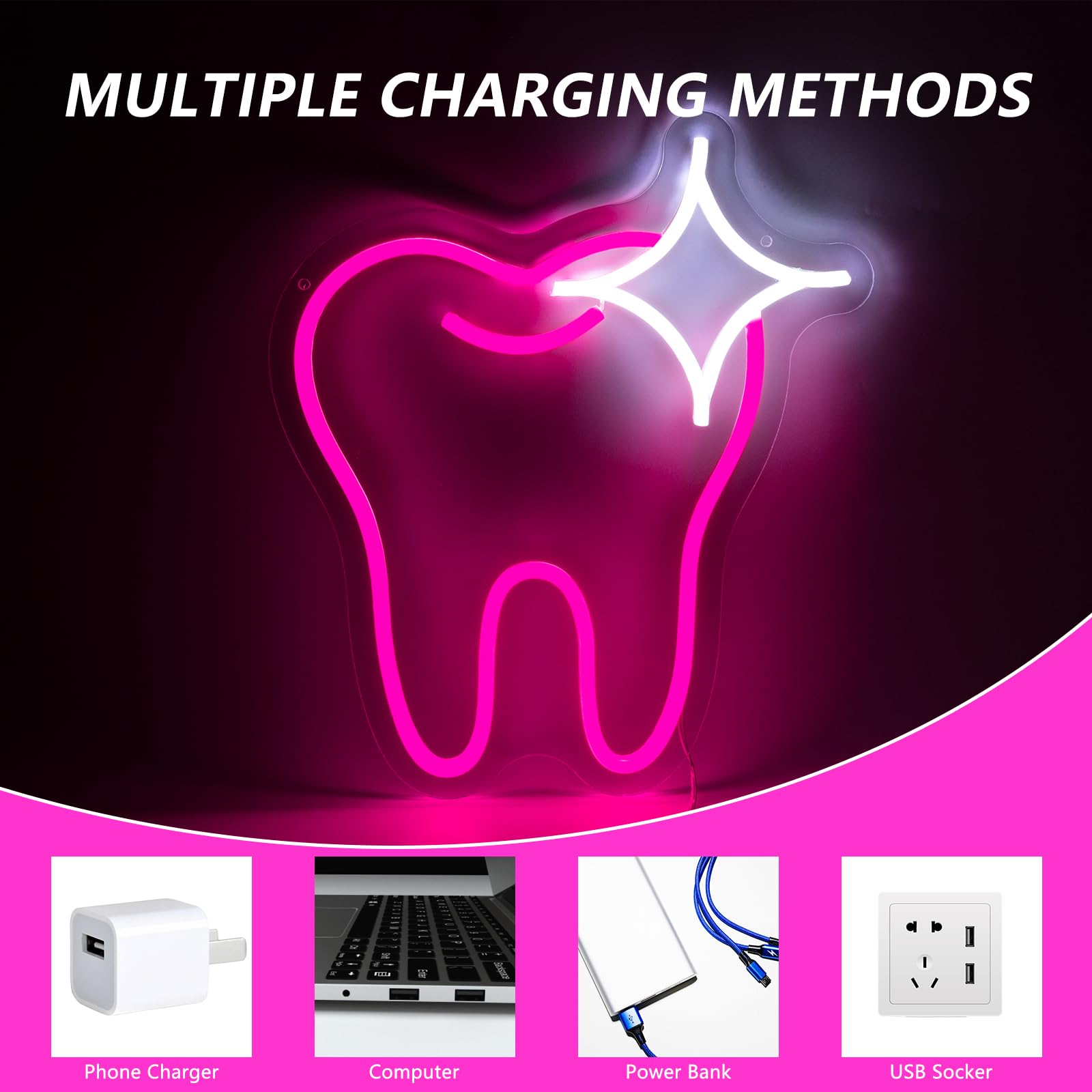 Moodlion Neon Sign Pink Tooth Decor Dental Office Light up Assistant Accessories Decoration, LED Neon Signs Smile Wall Art, Neon