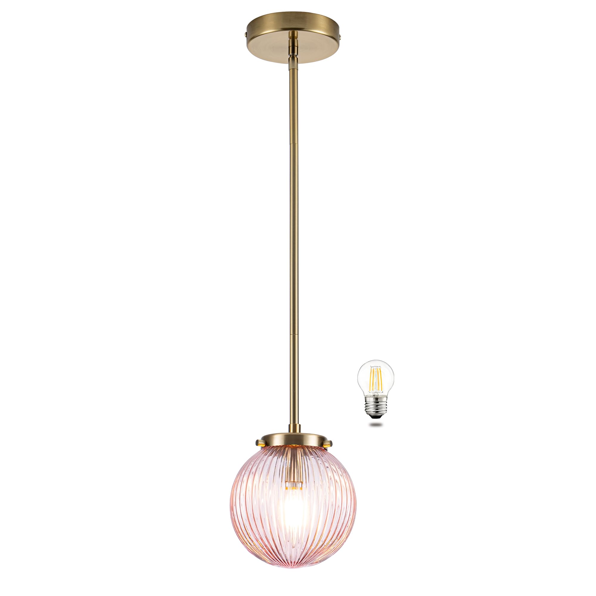 MAYNA Pendant Lighting with Pink Striped Glass Lmapshade, Brass Pendant Lights for Kitchen Island, Adjustable Height Ceiling Han