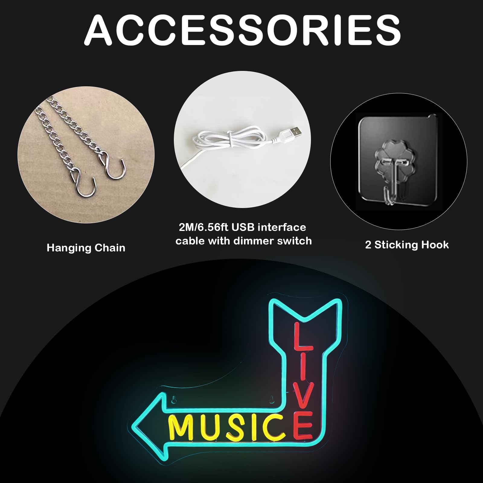 Wanxing Live Music Neon Sign LED Wall Light Arrow 16.5inx7.8in Colorful Glow for Bar Game Room Decor
