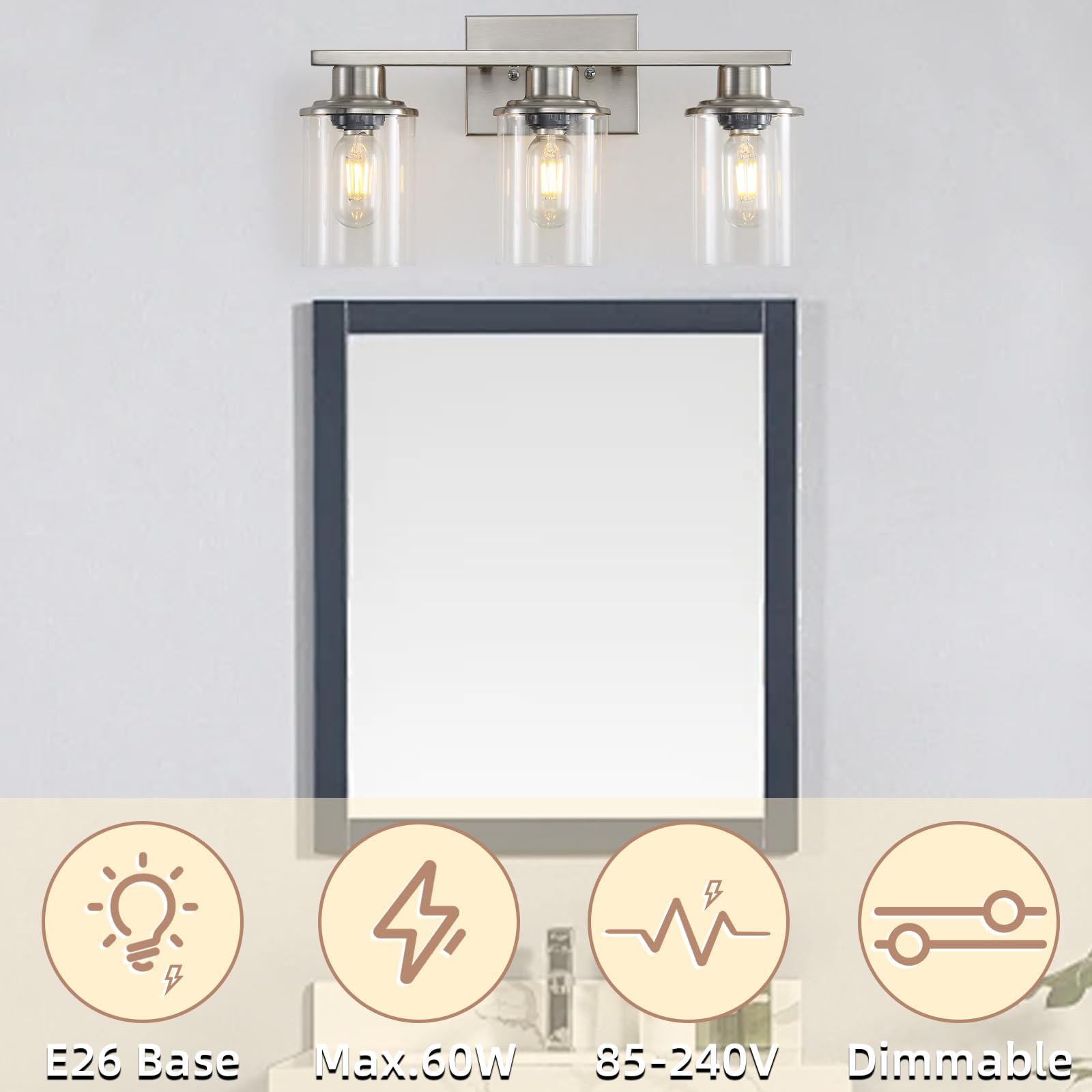 Lousace 3 Light Bathroom Vanity Light, Brushed Nickel Bathroom Light Fixtures, Modern Bathroom Lights Over Mirror With Clear Glass Shade, Wall Vanity Lighting Fixtures For Bathroom Bedroom Living Room