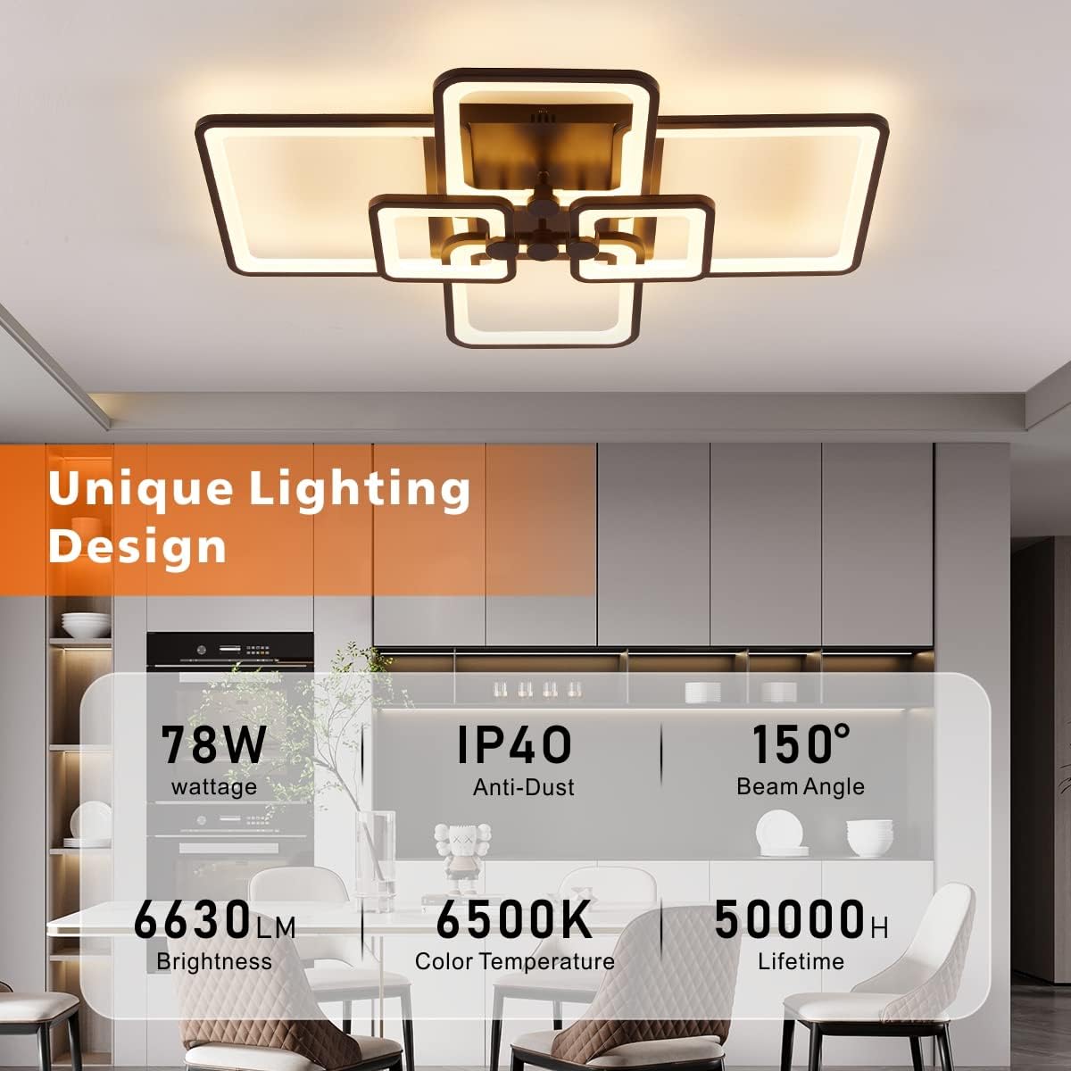 HiHiHomy Modern LED Ceiling Light 120W, Dimmable, 8 Lights, Acrylic, Brown, Model FK-001-HSH8K