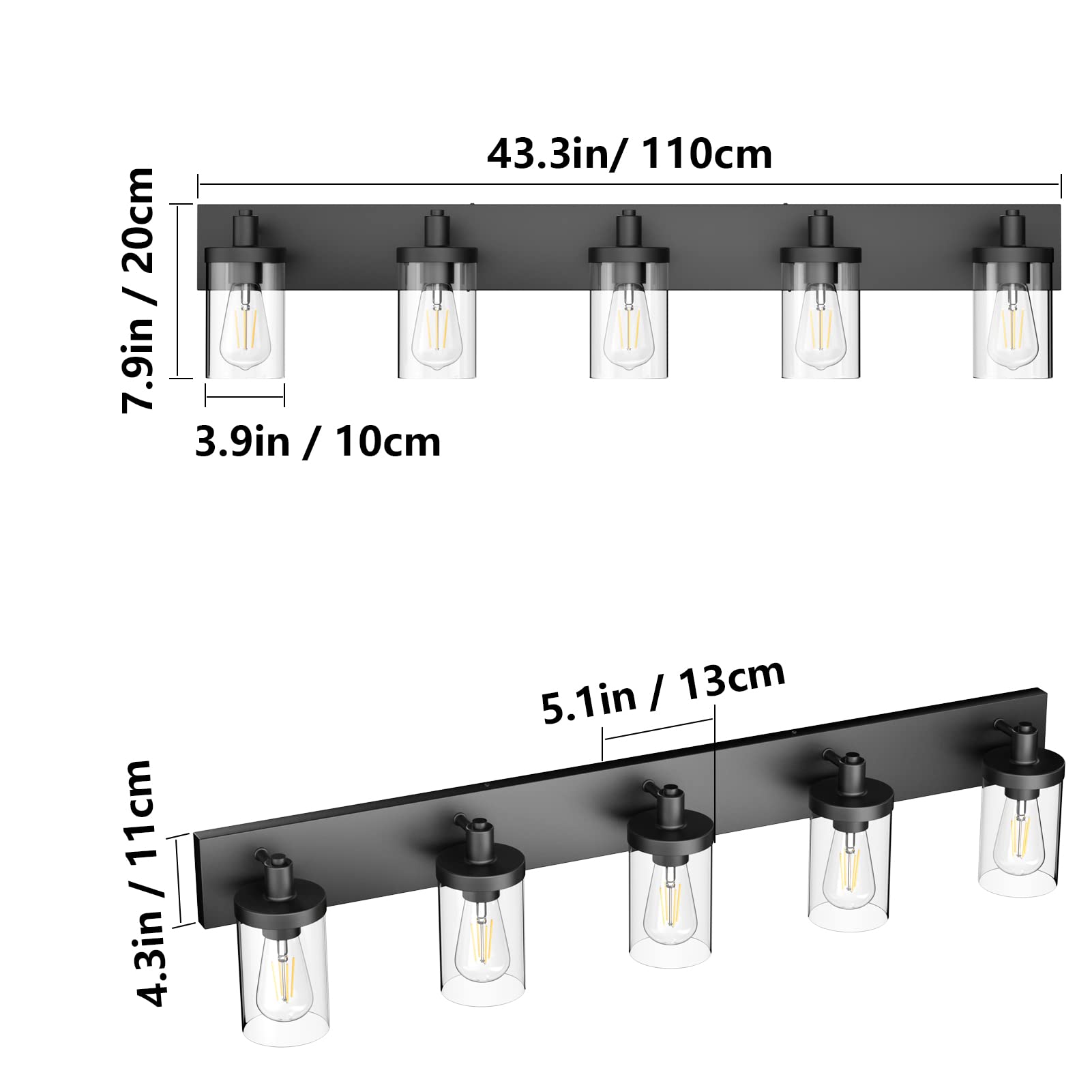 Aipsun Matte Black Bathroom Vanity Light Fixtures 5 Lights Industrial Lighting Fixtures Over Mirror With Clear Glass Shade(Exclu