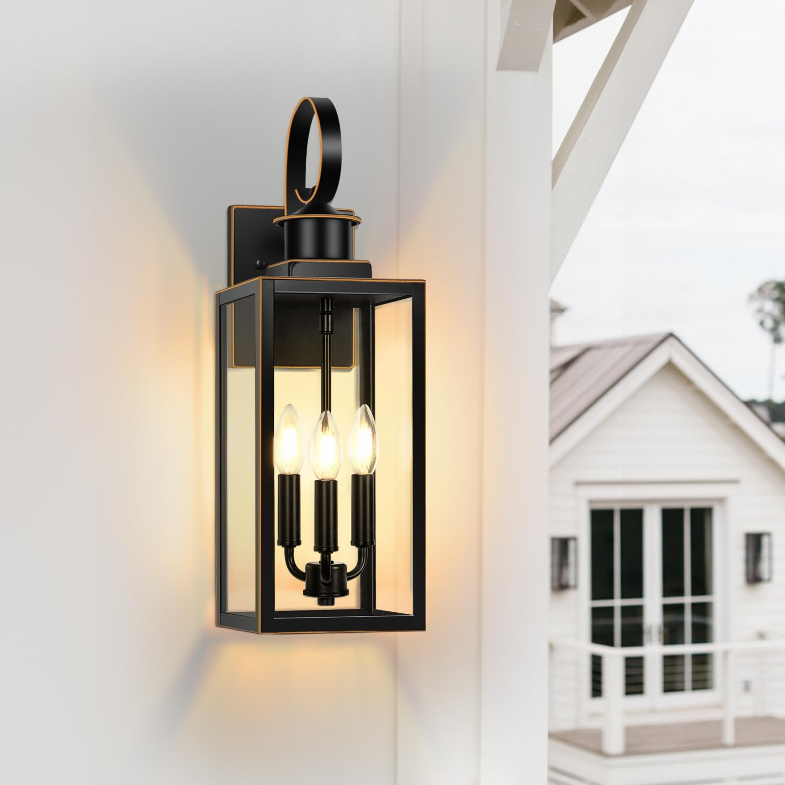 3-Light Outdoor Wall Light Fixtures, 19 Inch Large Waterproof Exterior Wall Sconces With Glass Shades, Black With Gold Trim Anti