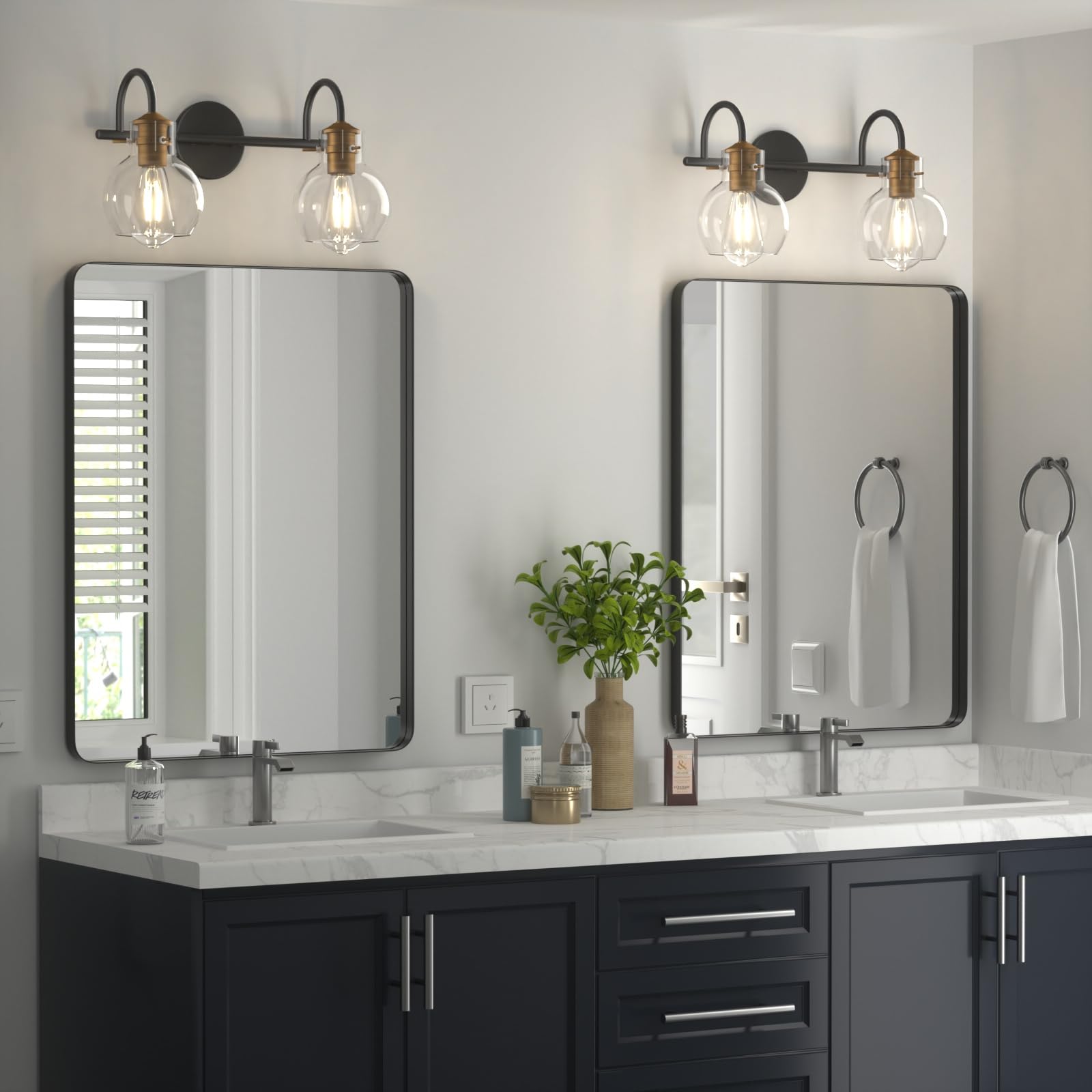 Primeplus 2 Light Bathroom Vanity Light, Black And Red Copper Bathroom Light Fixtures Over Mirror, Modern Copper Vanity Light With Clear Glass Shade, Black Wall Sconce For Bathroom, Bedroom