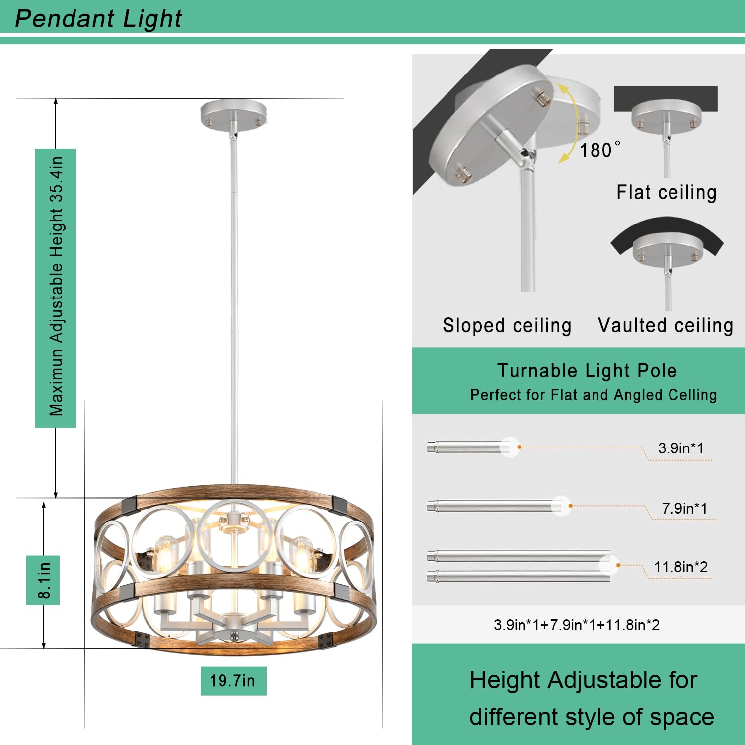 Shiandar Semi Flush Mount Ceiling Light Fixture Ceiling Mount 6-Light Rustic Farmhouse Chandelier For Dining Room,Modern Light Fixture Ceiling Mount Round Metal Kitchen Light Fixtures Ceiling Mount