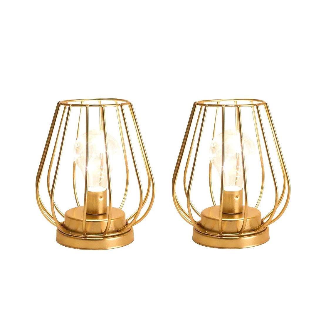 Trirocks 2 Set Ofmetal Battery Operated Lamp 7'' Tall Mini Cage Shape Cordless Table Lamp Battery Lanterns With Warm Fairy Light