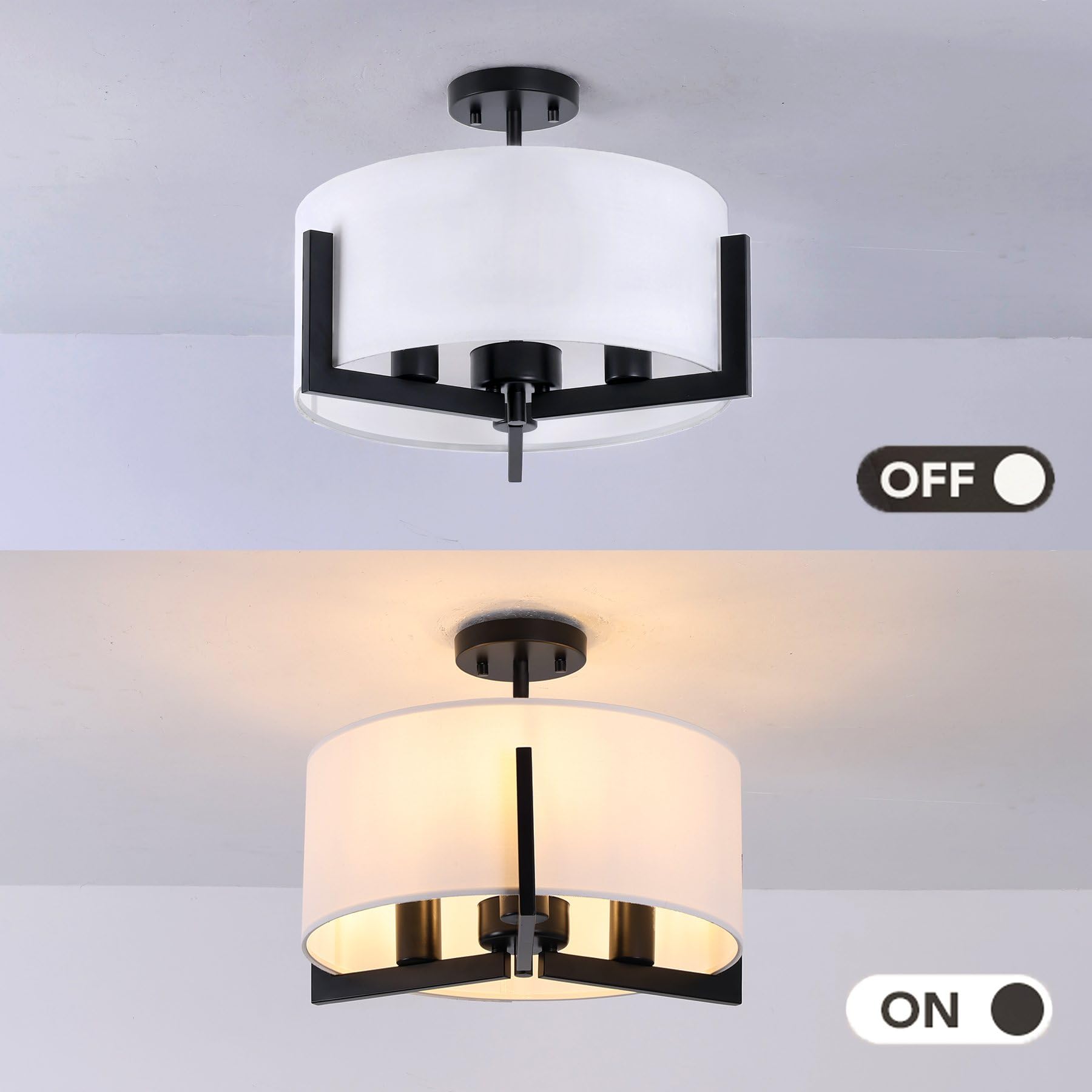 Mecuss 16 Inch Semi Flush Mount Ceiling Light: 3-Light Black Modern Light Fixtures Ceiling Mount With Drum Fabric Shade, Close T