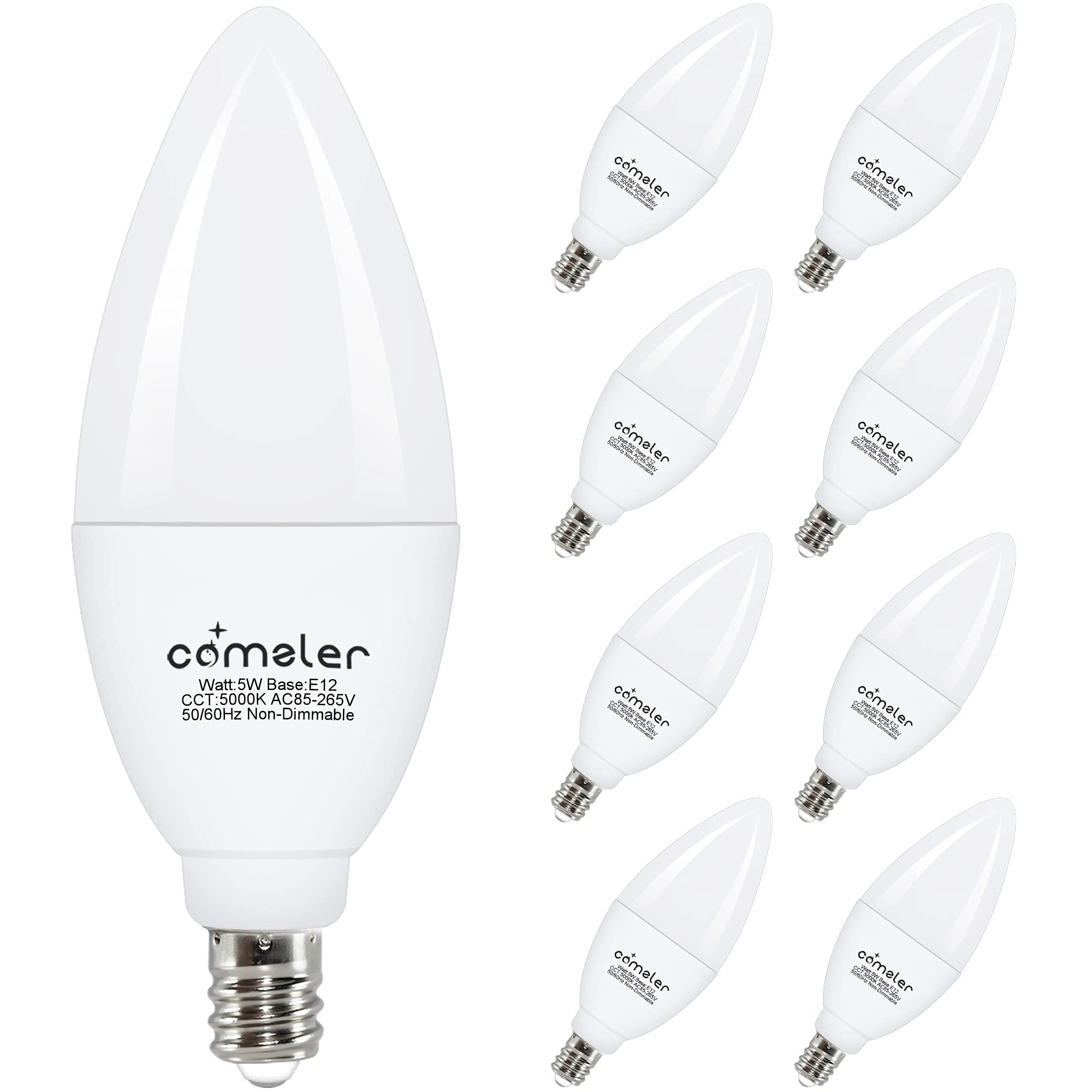 Comzler E12 Led Candelabra Bulb, 60 Watt Equivalent Ceiling Fan Light Bulbs, Daylight 5000K Led Chandelier Light Bulbs, Candle B
