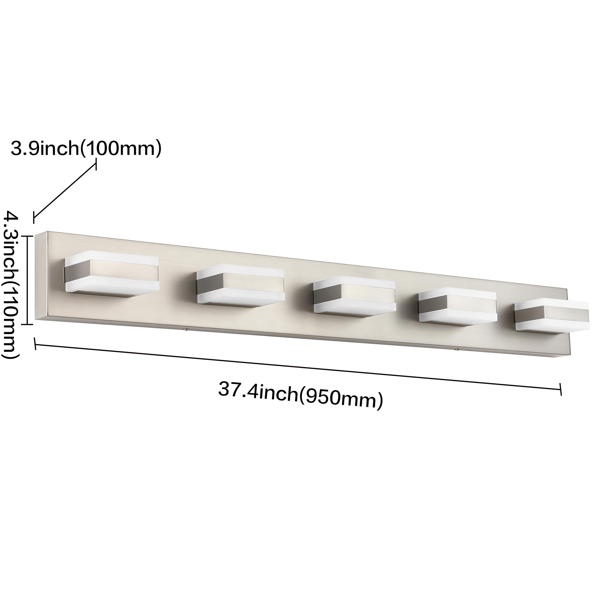 SOLFART 5-Light Bathroom Vanity Light Fixture, Brushed Nickel, 37.4 inch, Aluminum, Model S8568-5T-6000K-Nickel