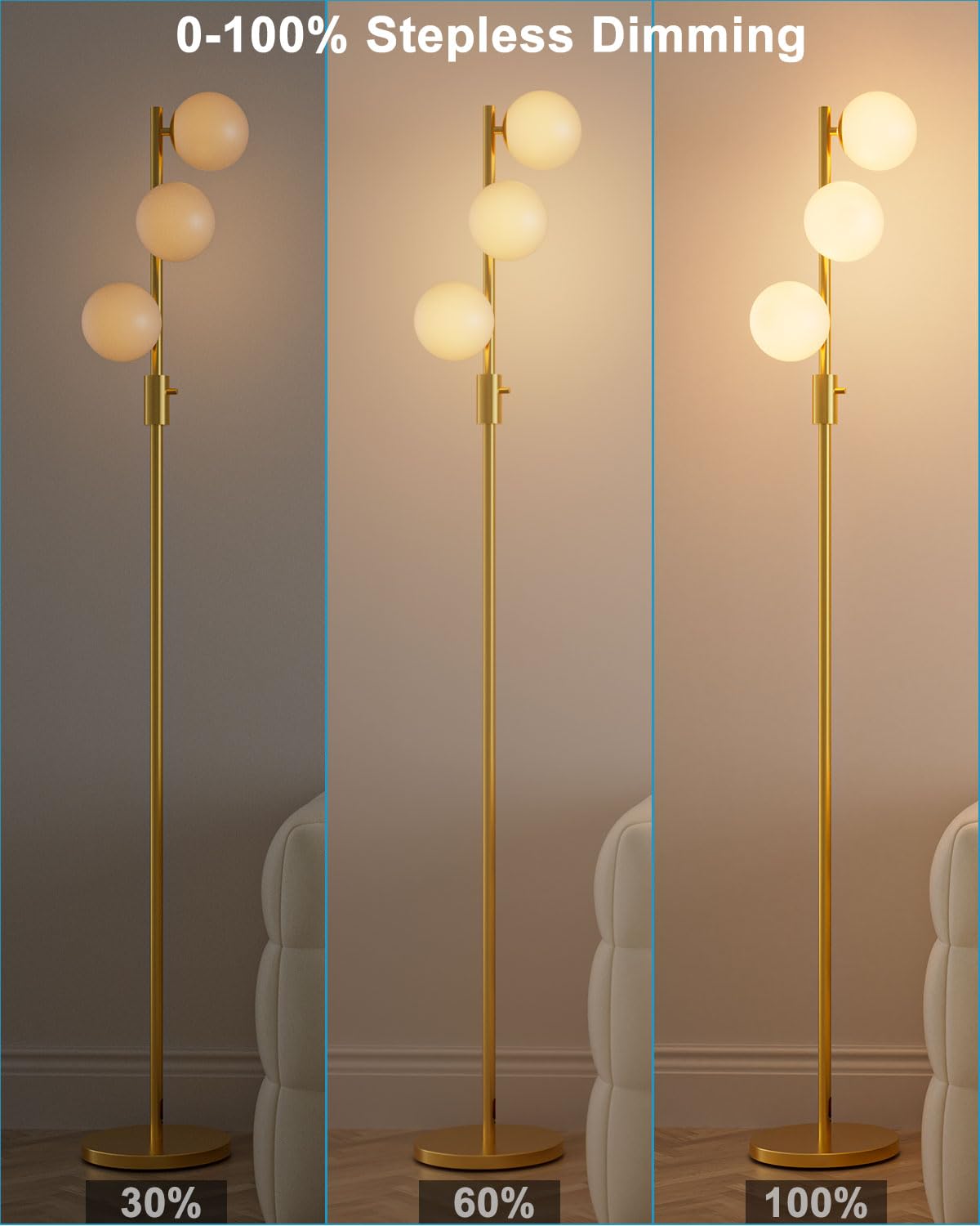 Acohook 64In Dimmable Gold Floor Lamp, Tall Standing Lamps With 3 Globe Soft Warm White Eye Care 3000K G9 Bulbs, Mid Century Mod