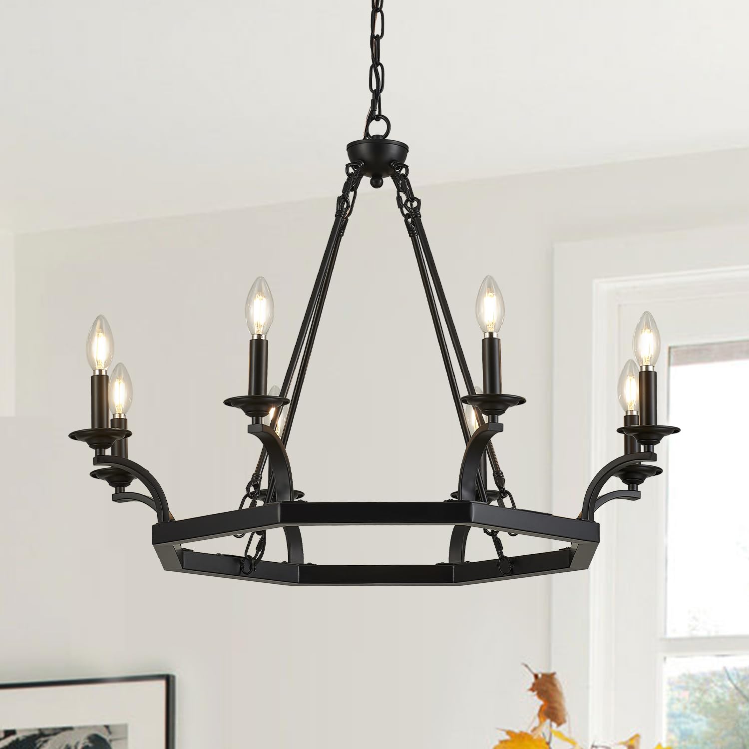 Brfaixla 8 Lights Wagon Wheel Chandelier 33'' Rustic Black Metal Ceiling Pendant Chandelier Hanging Lights Industrial For Kitche
