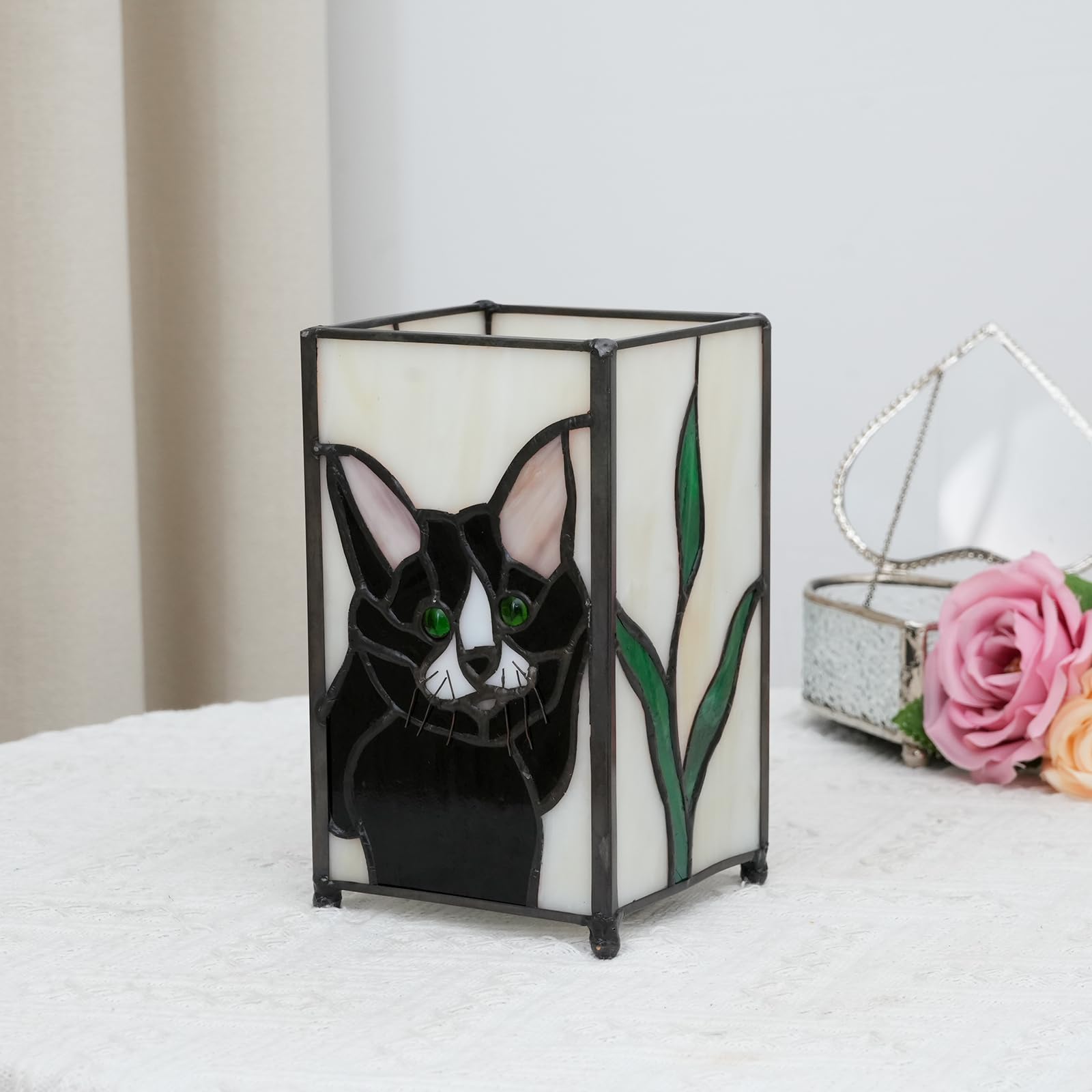 Kiphepi Tiffany Lamp Stained Glass Lamp Small Bedside Table Lamps For Living Room Home Decor Girls Women Birthday Halloween Christmas Thanksgiving Day Gift Black Cat