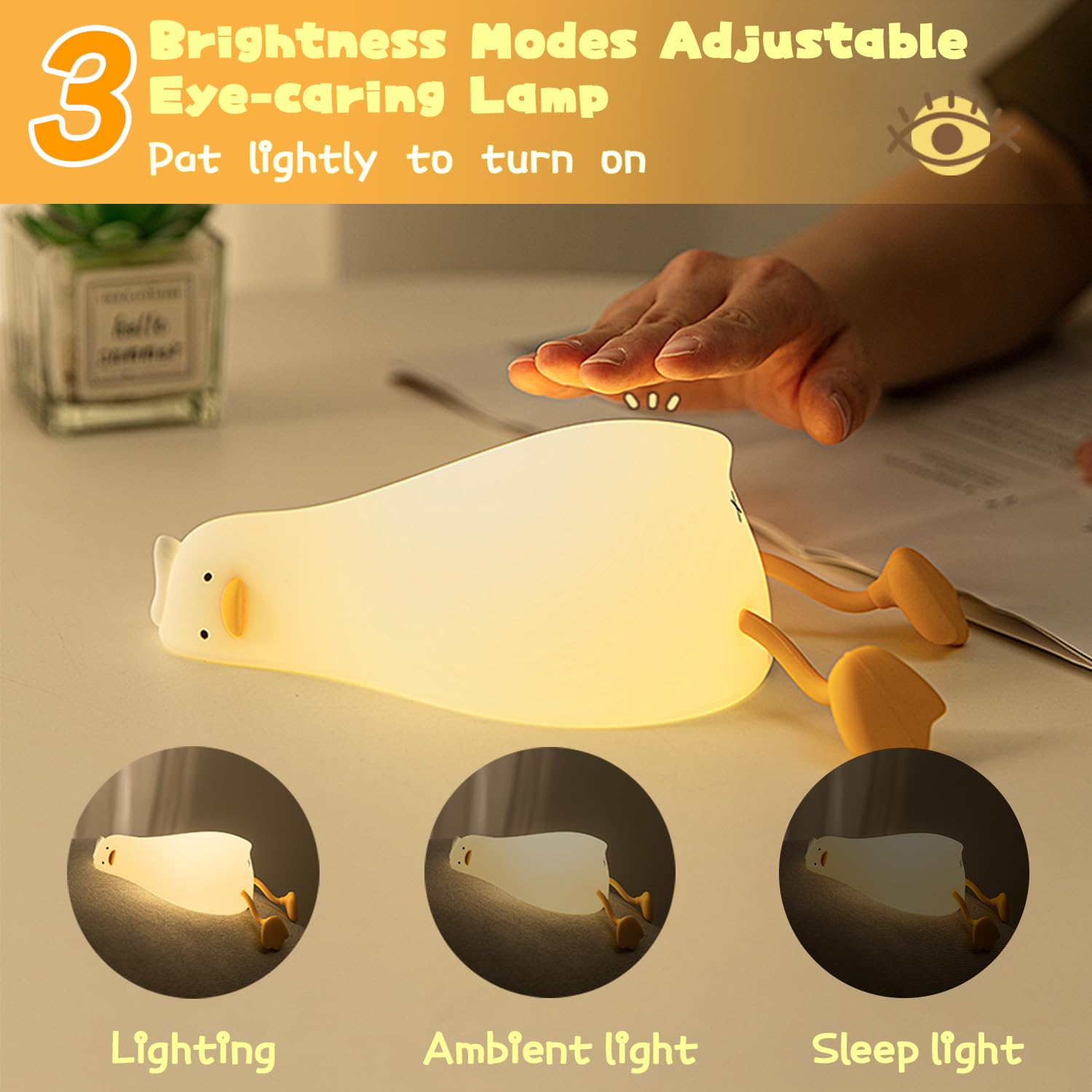 HoHaing Benson Lying Flat Duck Night Light, 3 Level Dimmable Nursery Nightlight, LED Squishy Cute Duck Lamp, Silicone Rechargeab