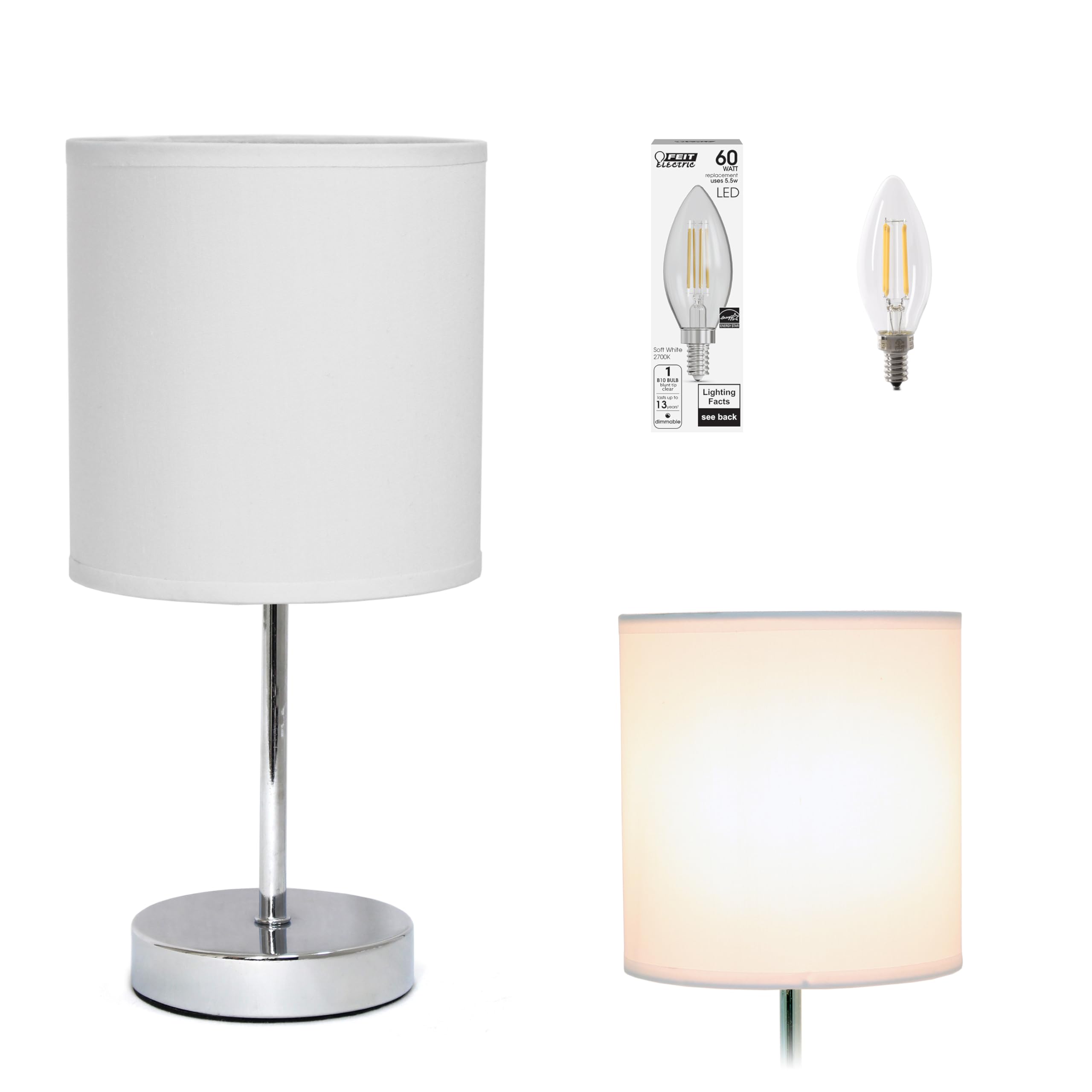 Simple Designs Lt2007-Wht-Lb Basic Chrome Mini Table Lamp For Living Room, Nightstand, Desk, Countertop, White, With Feit Led Bu
