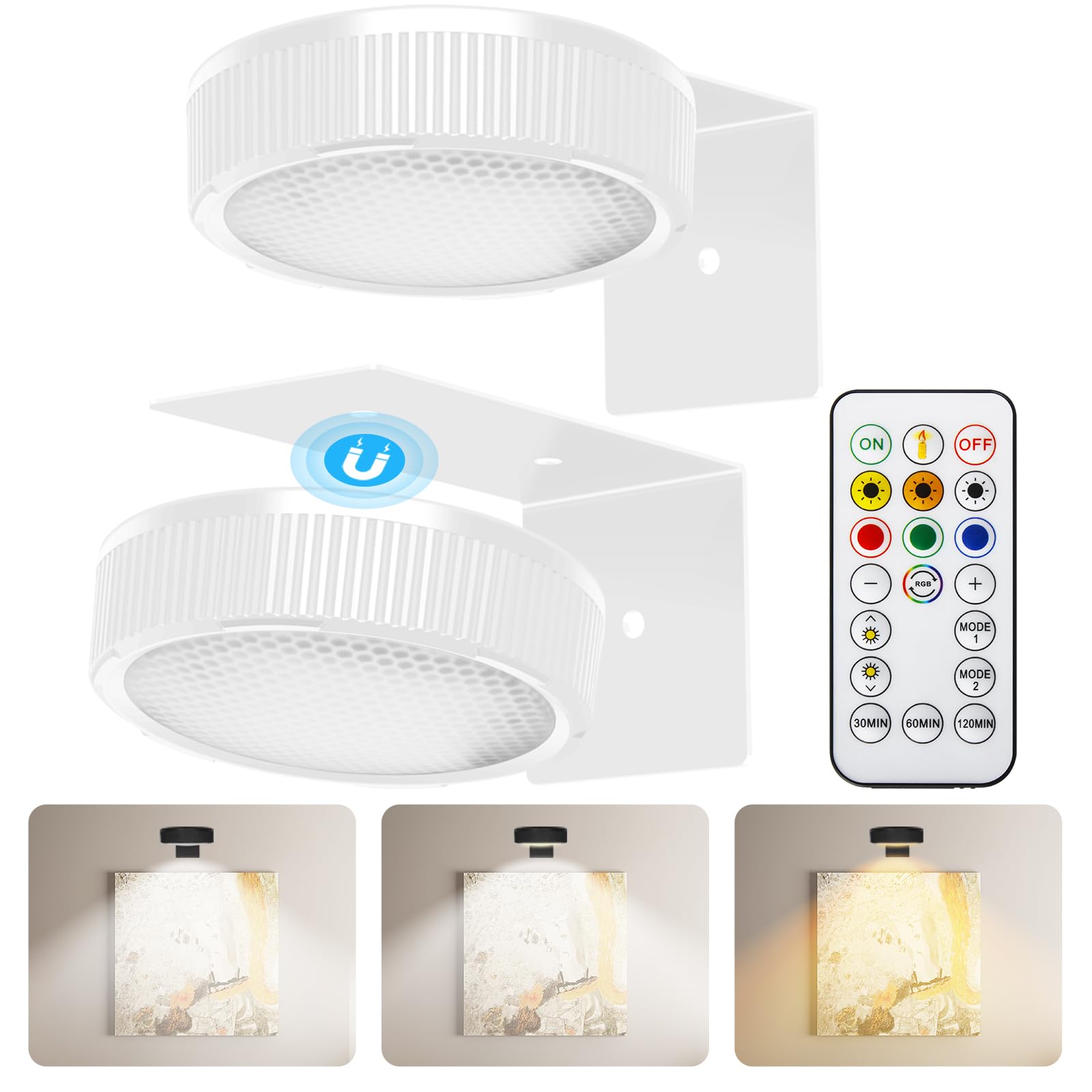 SNKIZN Battery-Powered Magnetic Wireless Picture Lights, RGB, Dimmable, Timer, 2 Pack, White, Plastic