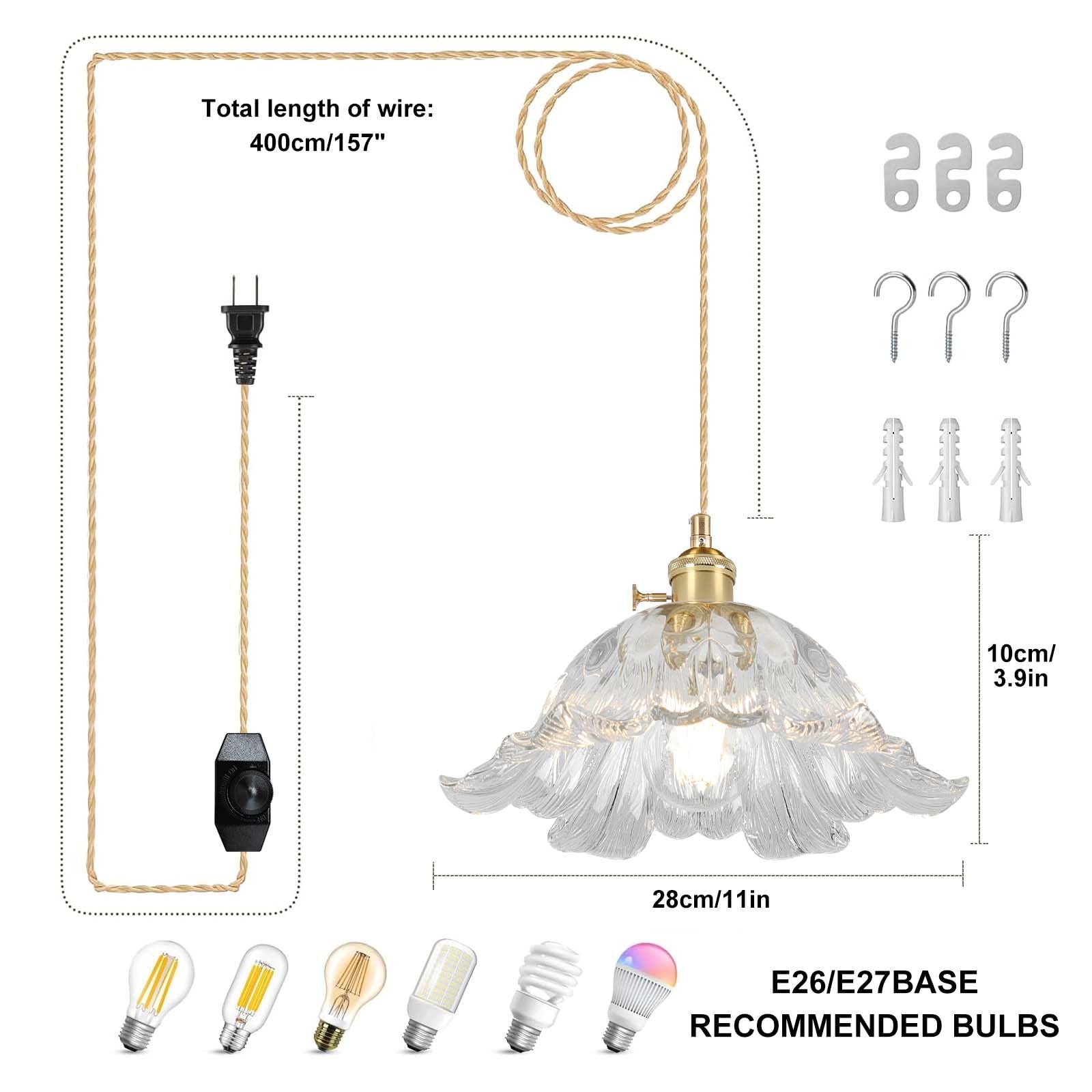 Loiogohot Plug In Pendant Light Fixtures Hanging Light Fixture Flower Transparent Glass Pendant Light 11 Inch E26 Pendant Lighting For Kitchen Island  Bedroom  Dining Room  Living Room