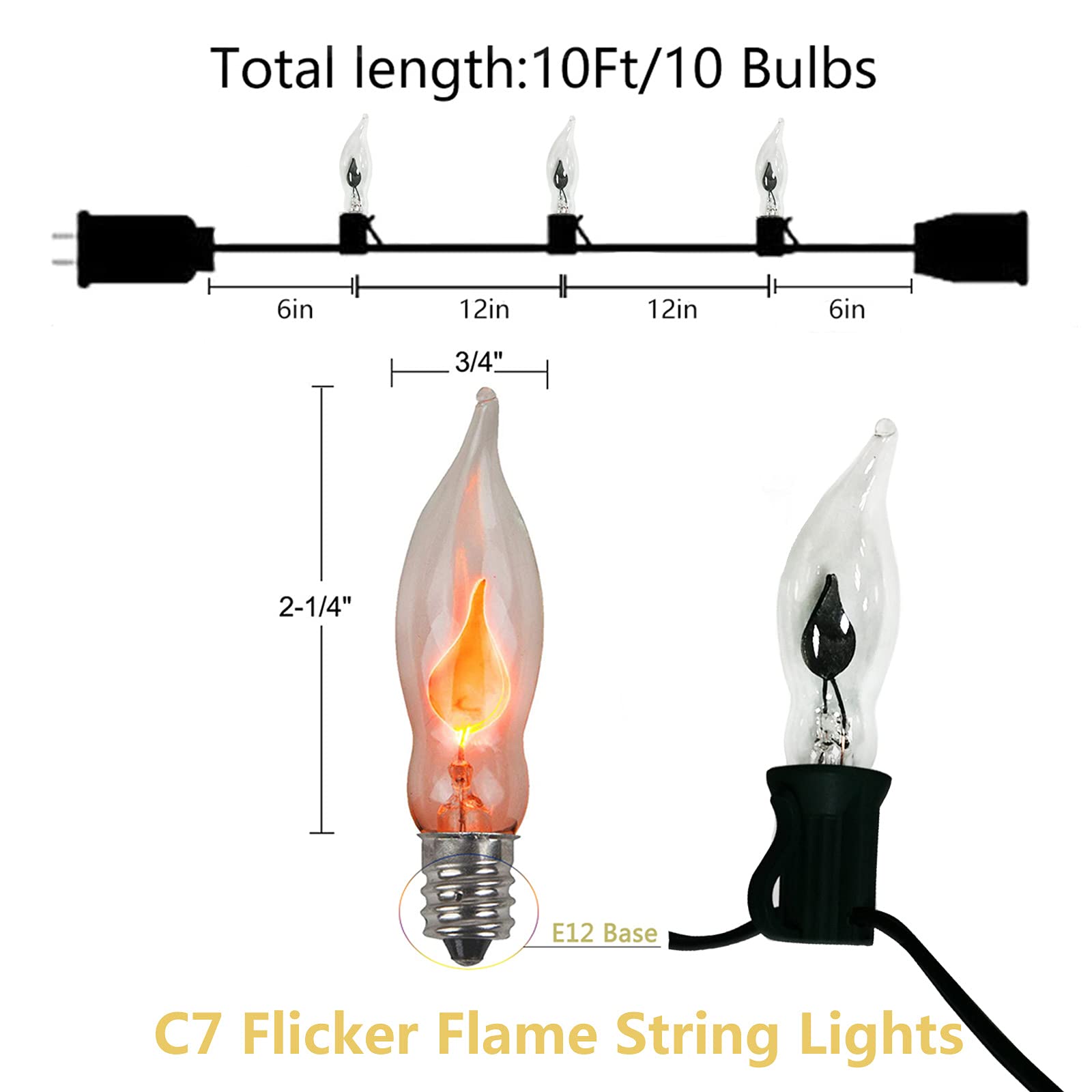 Sunsgne Christmas Flicker Flame String Lights, 10Ft Halloween String Lights With 10 C18 Flicker Flame Lights For Outdoor Indoor Home Halloween Christmas Decorations, E12 Candelabra Base- Black Wire