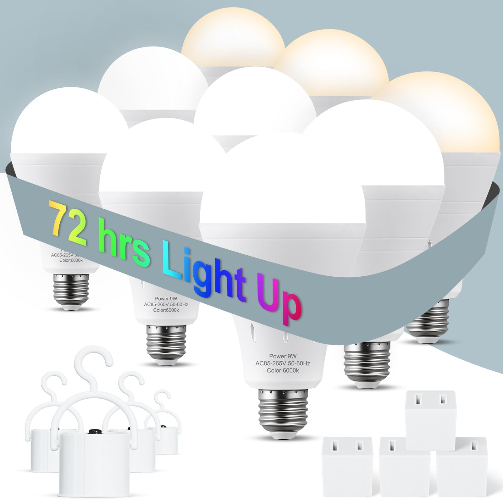 Aluocyi 9 Pack Rechargeable Emergency Lights Blubs,Battery Powered Light Bulb 9W 60W Equivalent Up To 24 Hours Backup Light Bulb