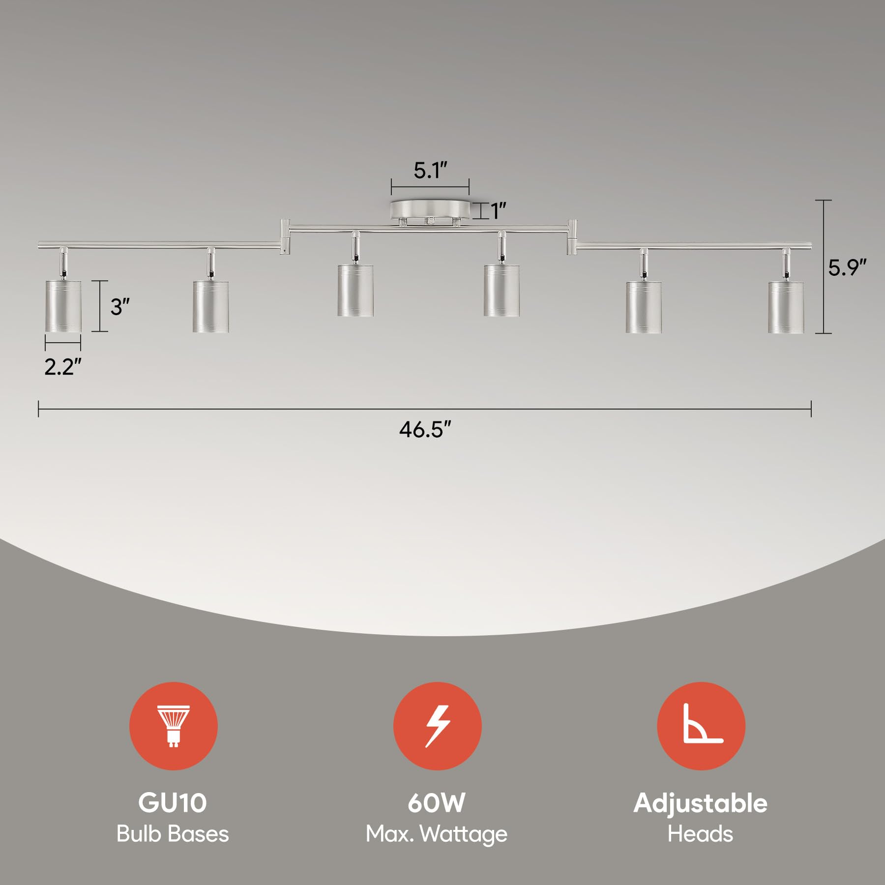 VONLUCE 6-Light LED Track Light Fixture, Rotatable GU10 Bulbs, Modern Nickel Ceiling Spotlight for Kitchen, Office, Bedroom, Model TCL-CR06